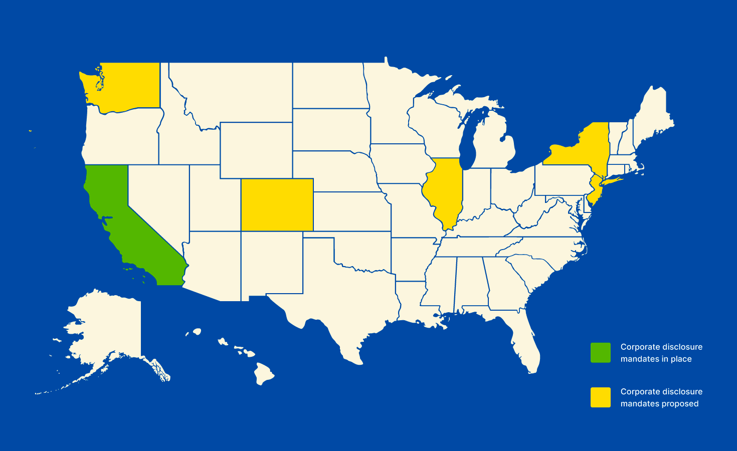 US map highlighting states that have advanced corporate climate disclosure laws