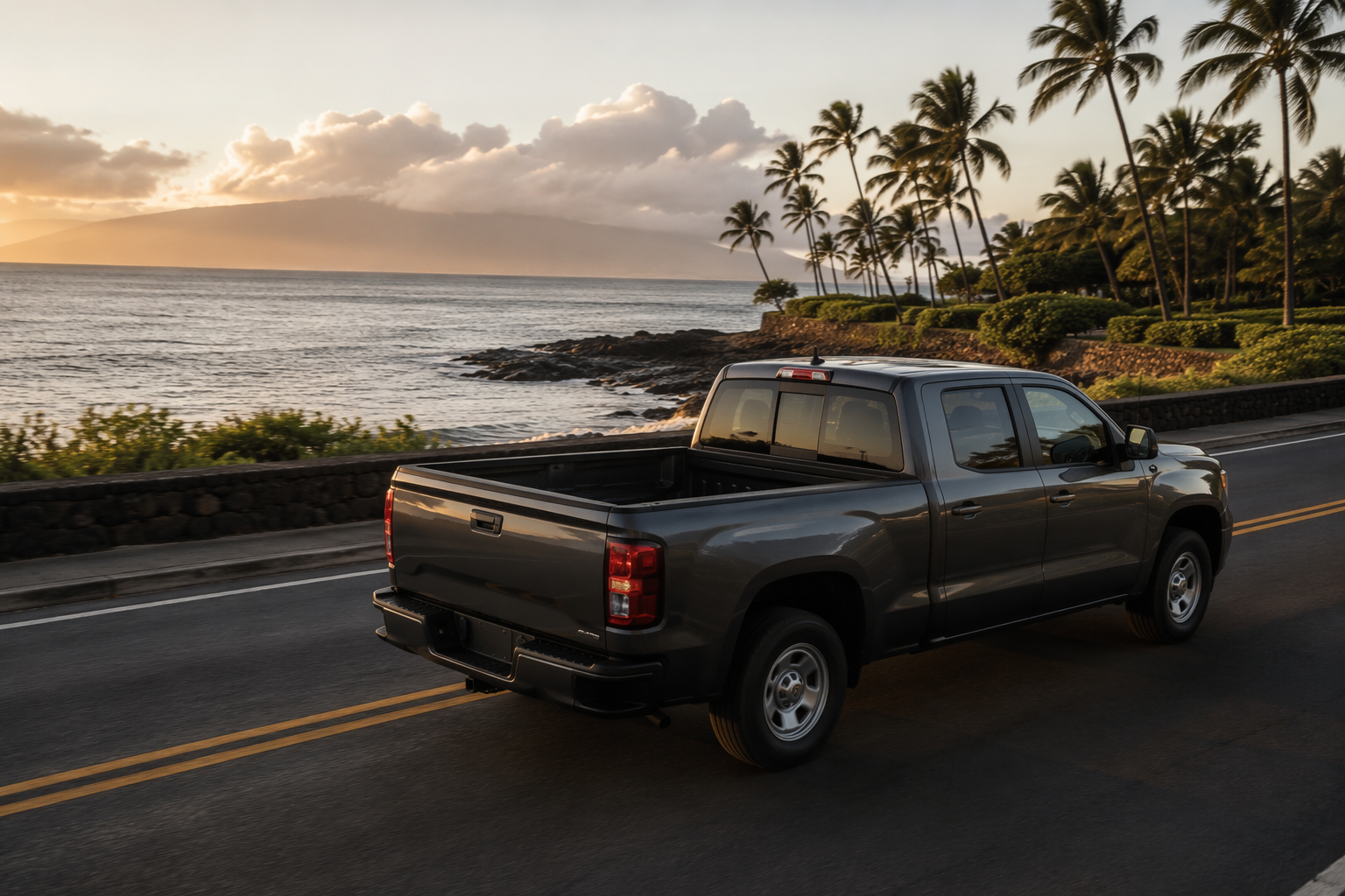 Pickup truck on a coastal Hawaiian road with an empty truck bed