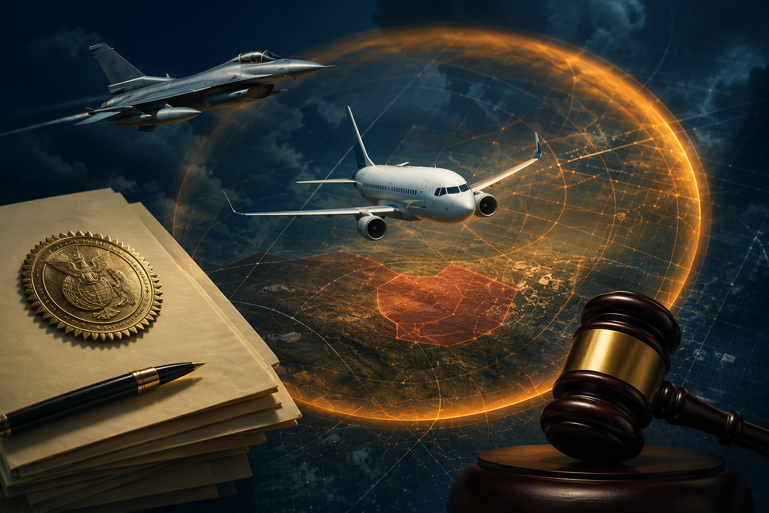 Civilian aircraft inside an amber TFR boundary with NORAD, FAA, and DOJ enforcement symbols converging