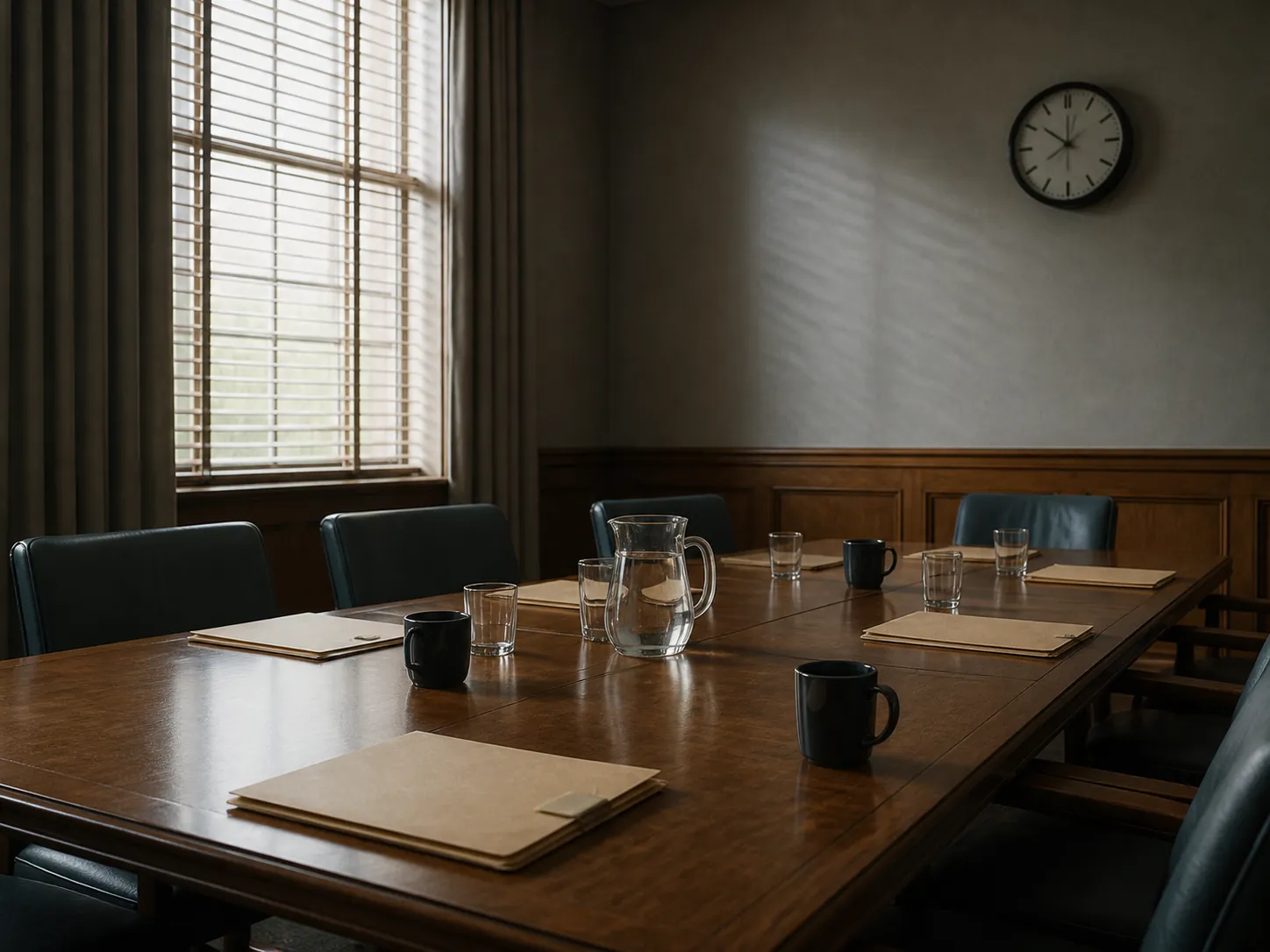 An empty jury deliberation room with a table, chairs, folders, coffee mugs and a wall clock