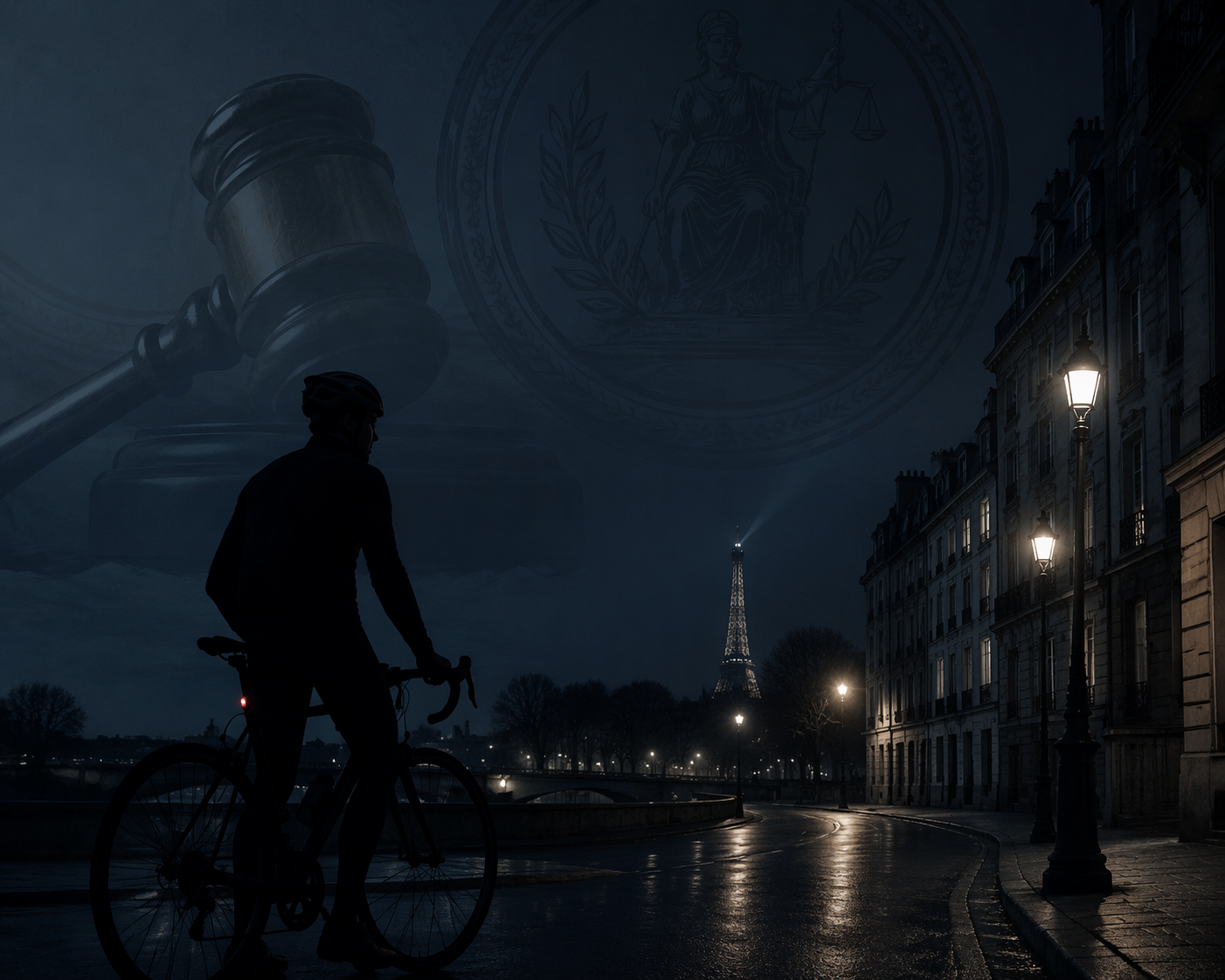 A cyclist silhouette on a dark night street with a subtle gavel overlay suggesting judicial authority over nocturnal testing