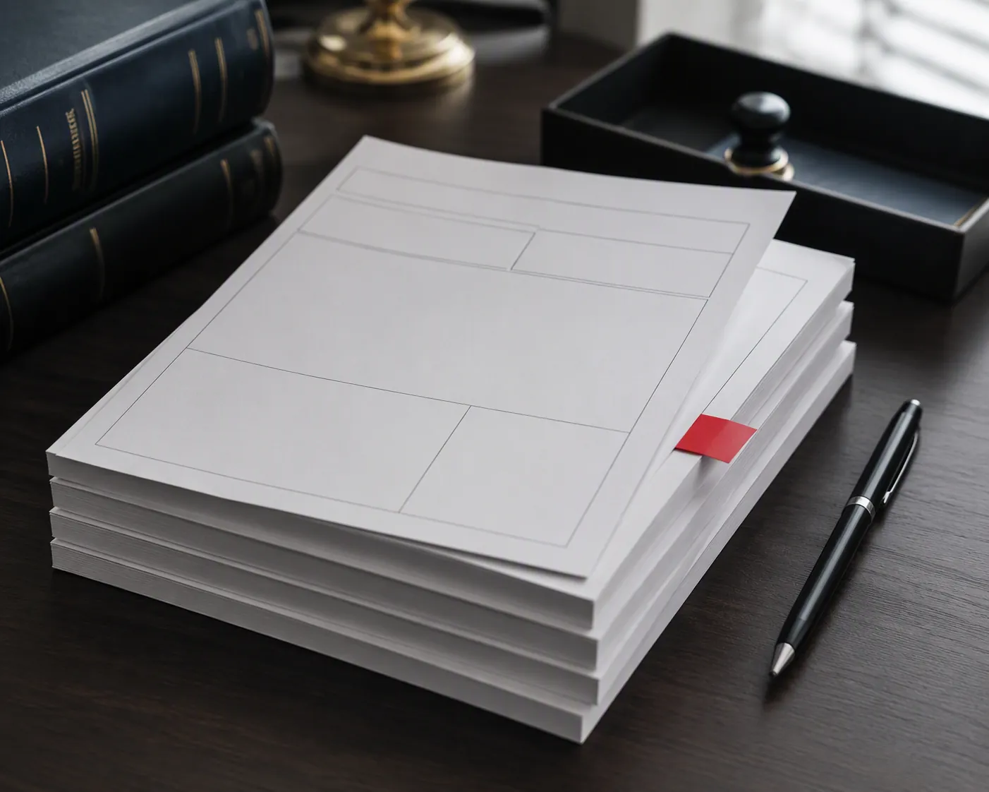 Stack of four blank legal citation forms on a dark desk with a red tab and pen