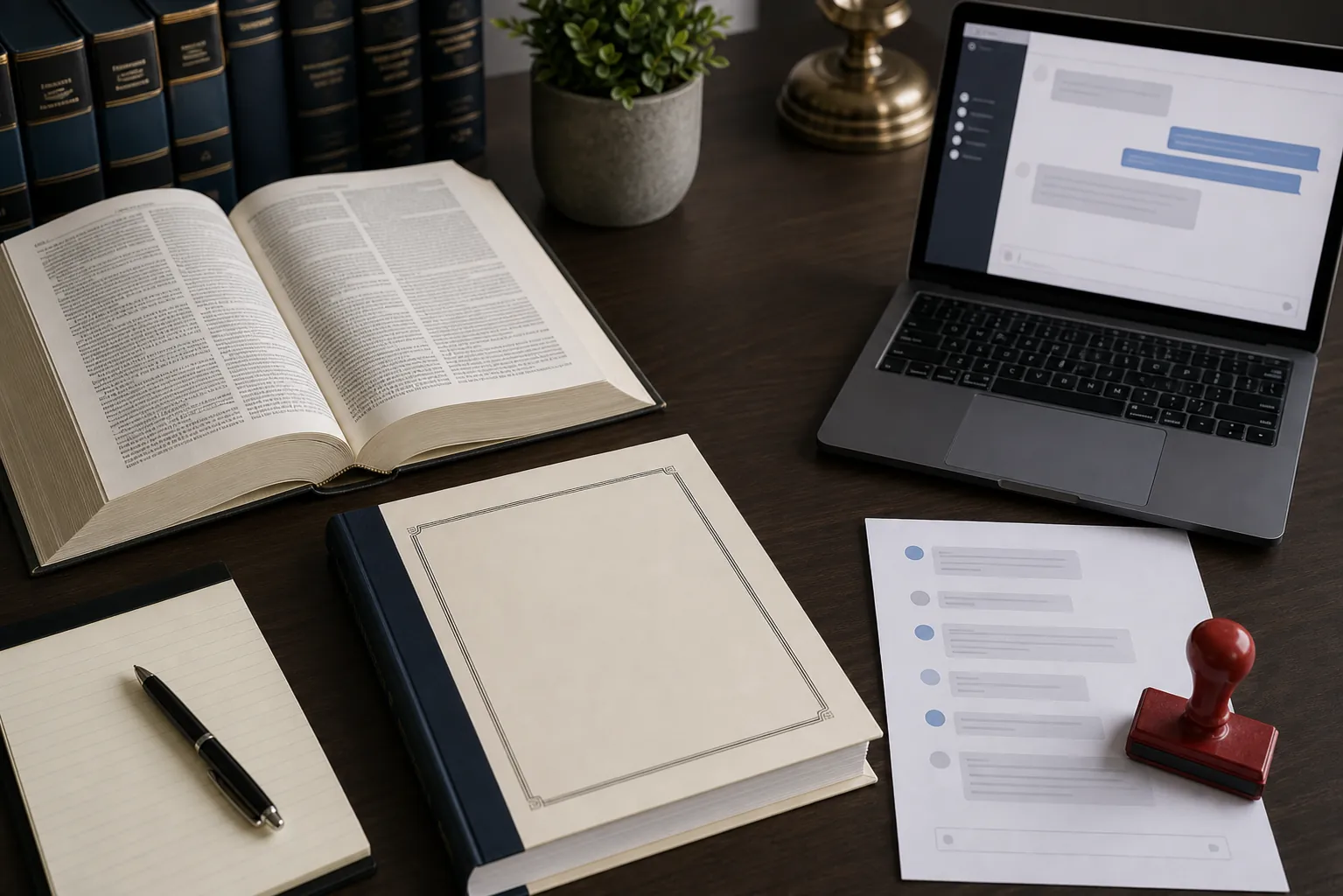 Legal research desk with statute volume, recorded association covenants, AI transcript, laptop, and verified stamp