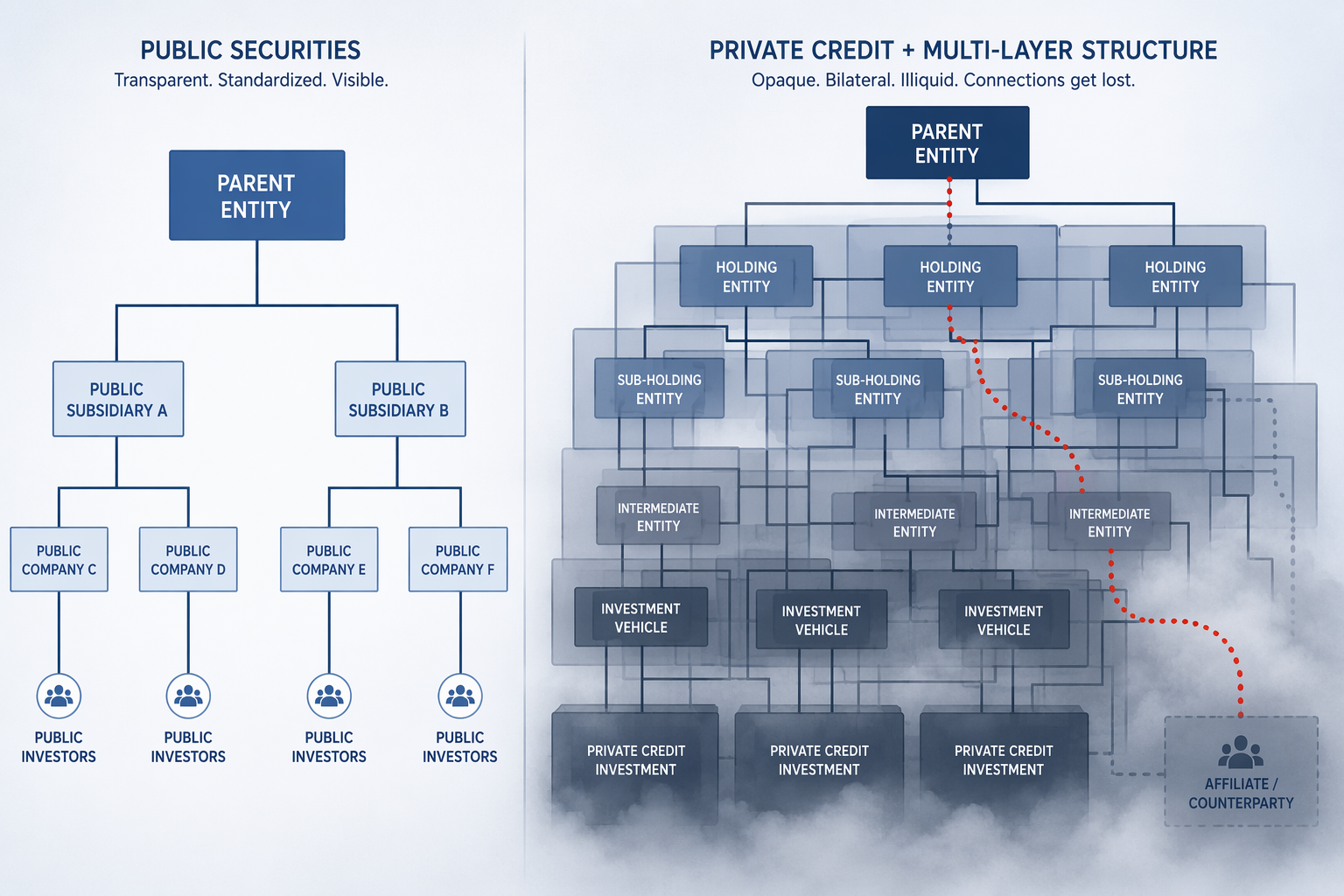Comparison of transparent public securities entity links and tangled private credit structures where affiliate connections can be obscured