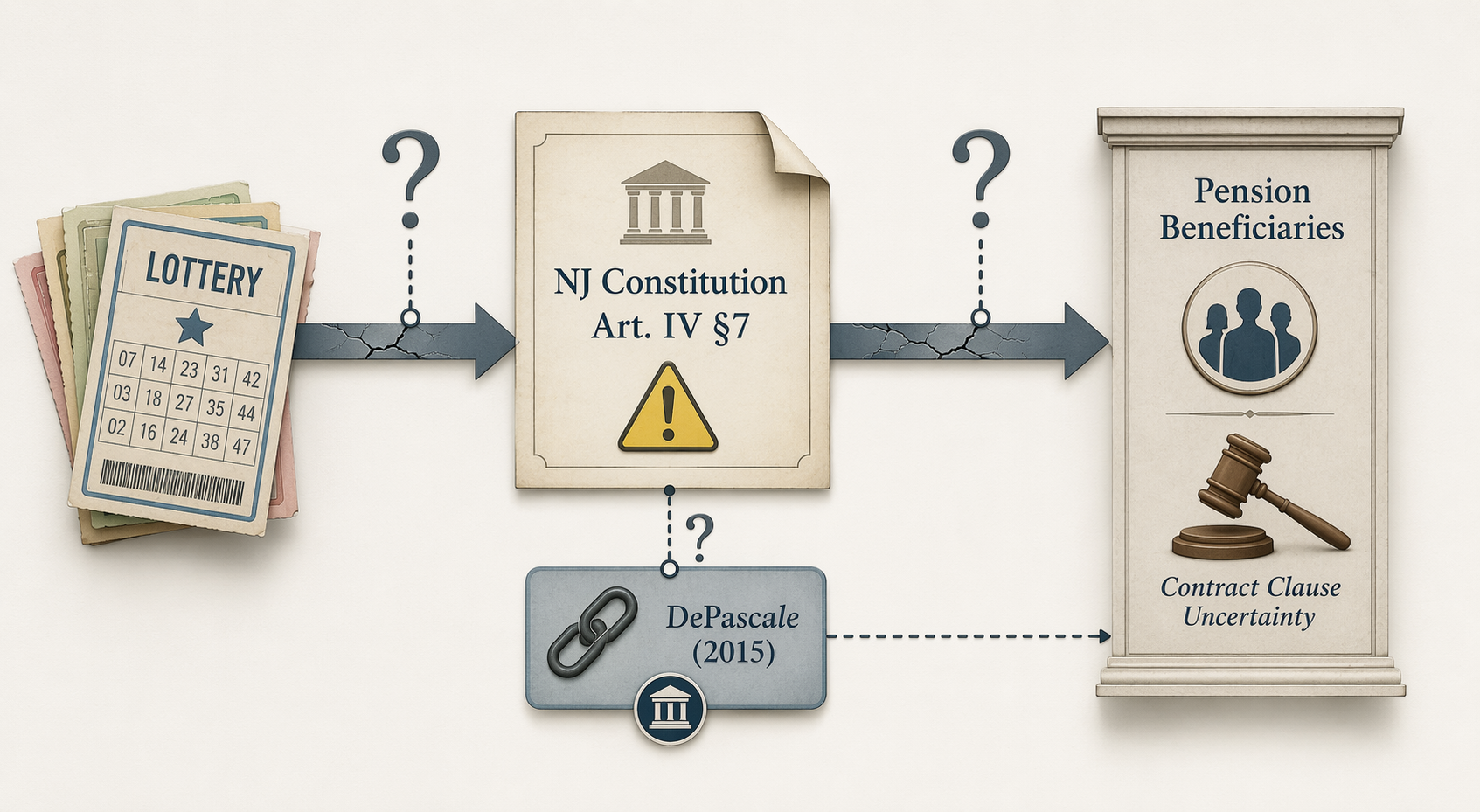 Legal architecture diagram showing lottery tickets passing through Article IV Section 7, DePascale, and pension beneficiary checkpoints