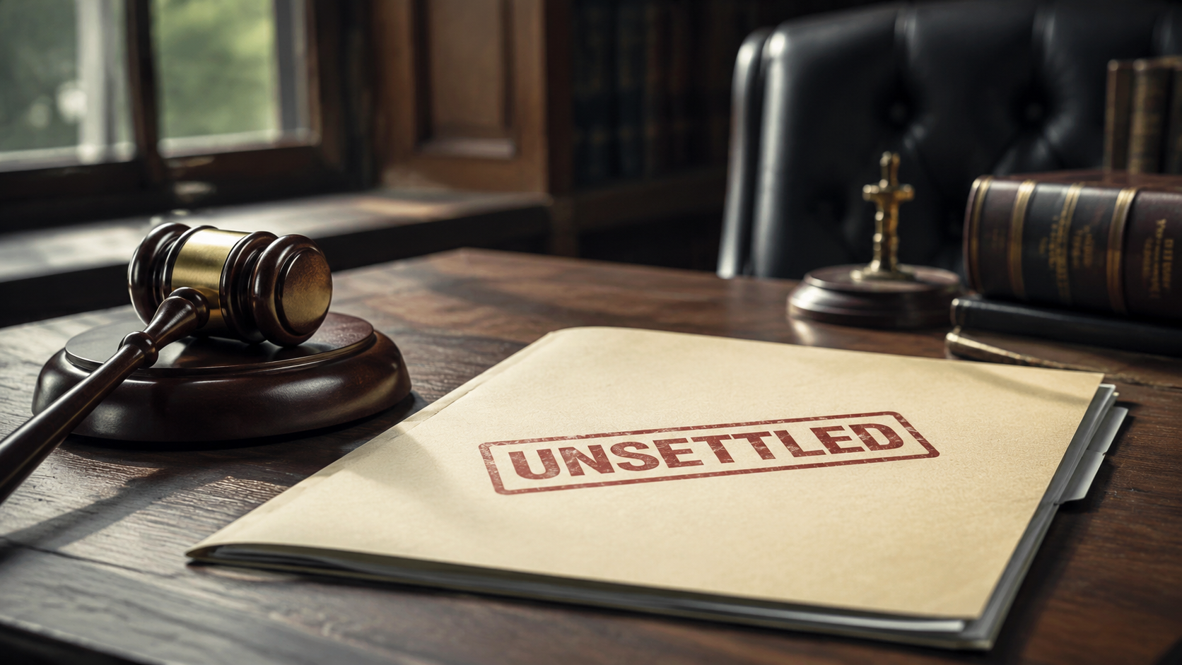 Judge's gavel beside a file folder stamped unsettled