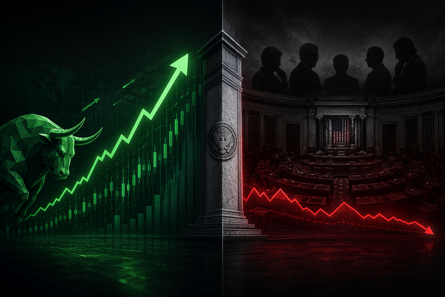A split editorial composition showing a green upward-trending arrow and a flat red indicator separated by an abstract procedural barrier suggestive of the Senate chamber.