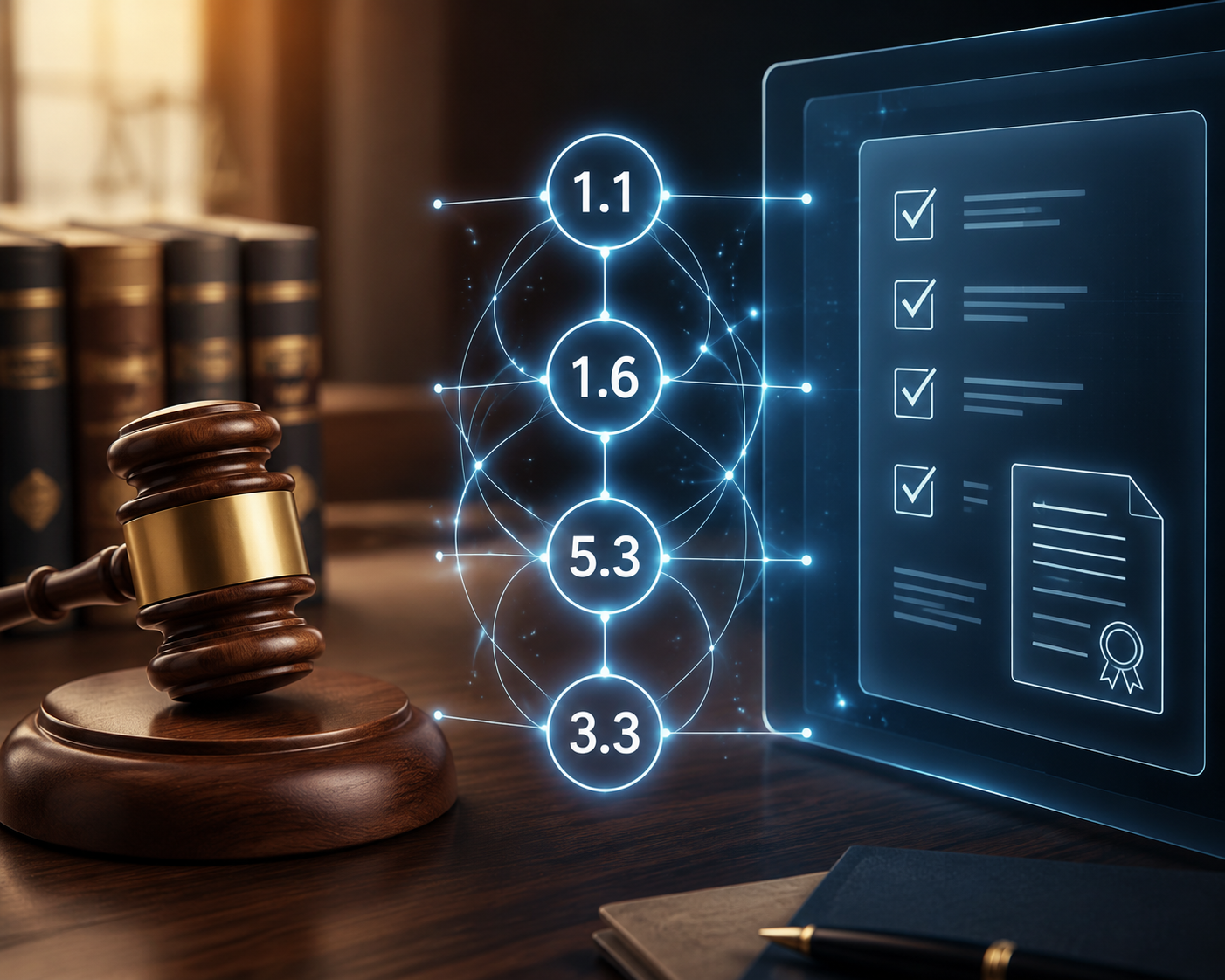 Gavel beside a digital legal AI checklist mapped to Model Rules 1.1, 1.6, 5.3, and 3.3