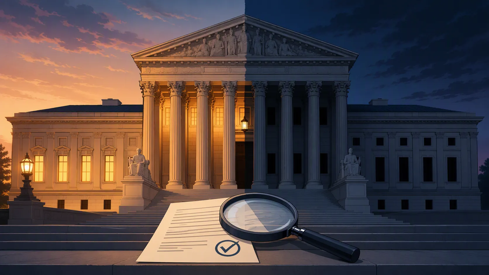 Federal courthouse partly lit during limited operations with a checked document and magnifying glass on the steps