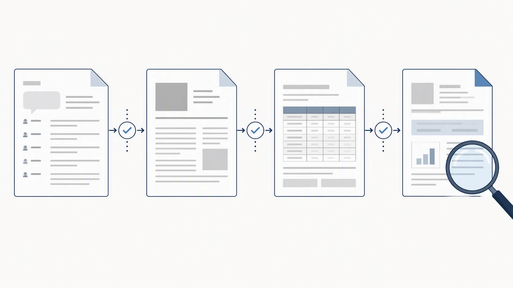 Chain-of-custody flow from transcript to news report, data table, and research study