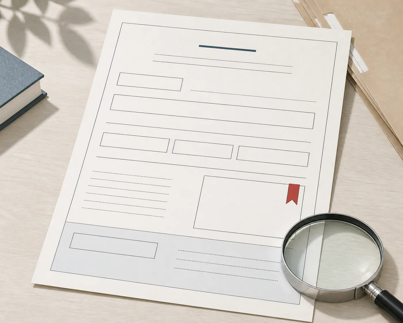Blank legal docket form with missing fields and a magnifying glass