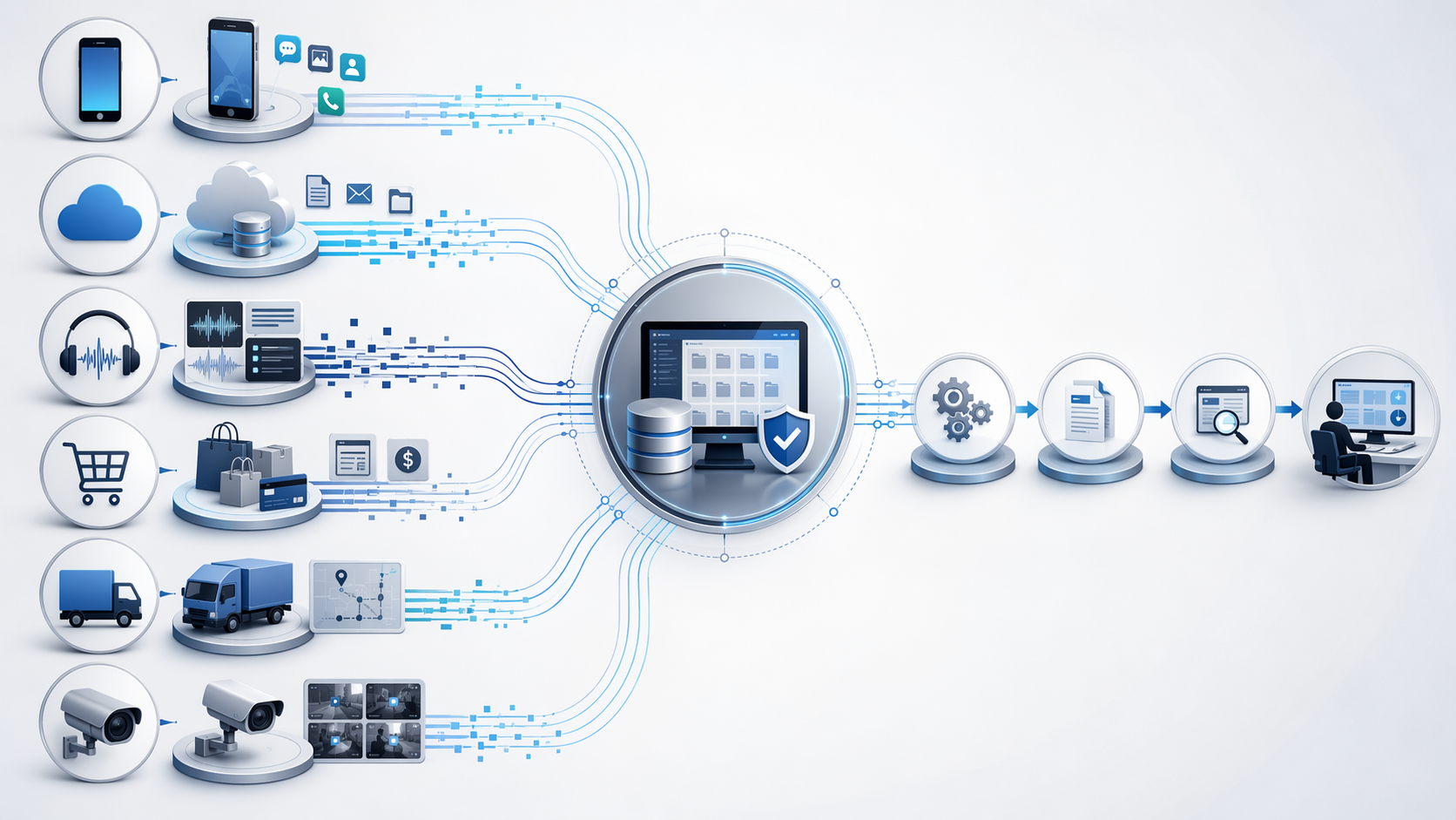 Multiple digital evidence streams flowing into a central discovery review hub