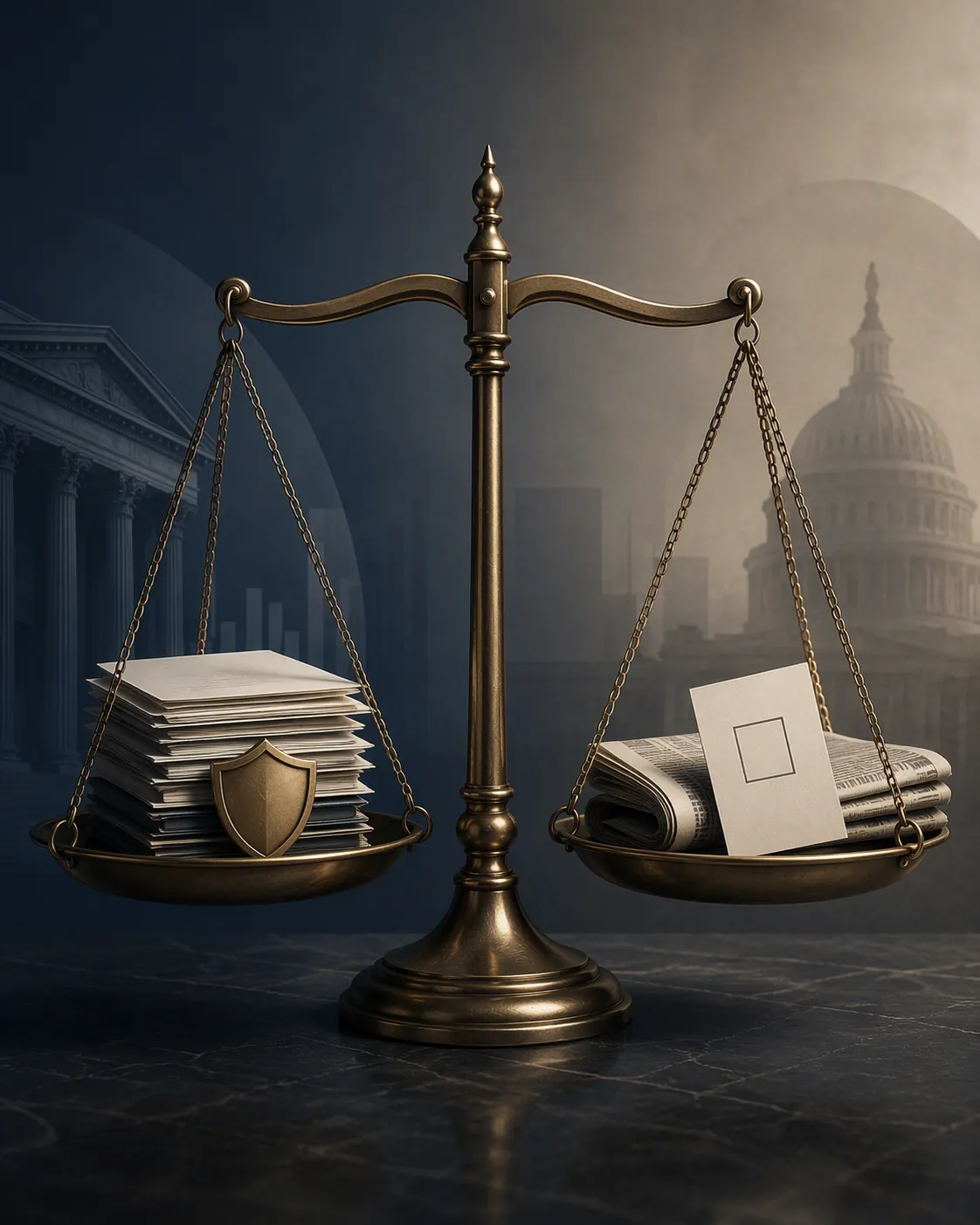 Balance scale comparing compliance documents with political news and ballot imagery
