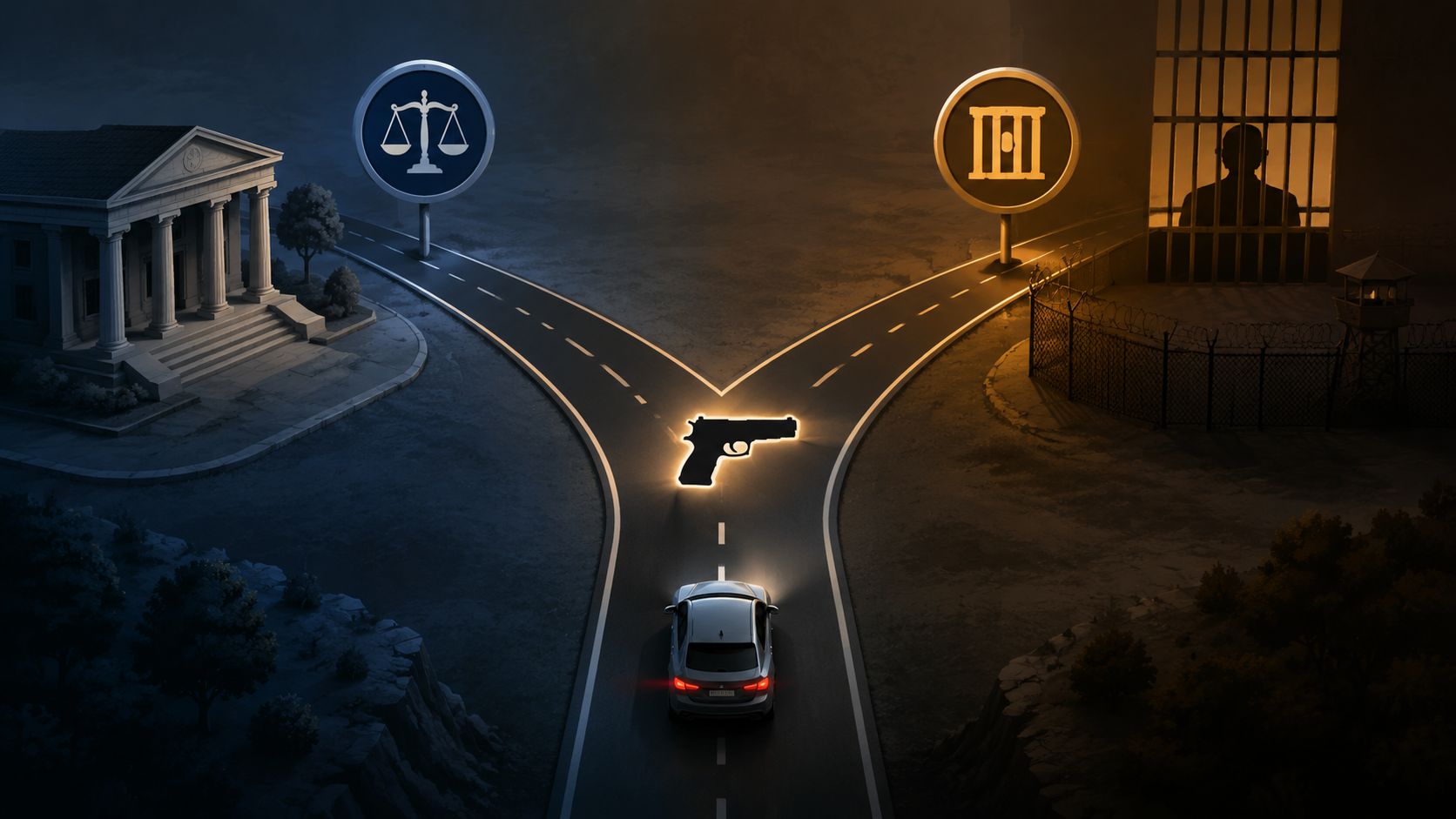 An isometric road fork with a handgun at the junction, one path marked for misdemeanor exposure and the other leading toward prison bars.