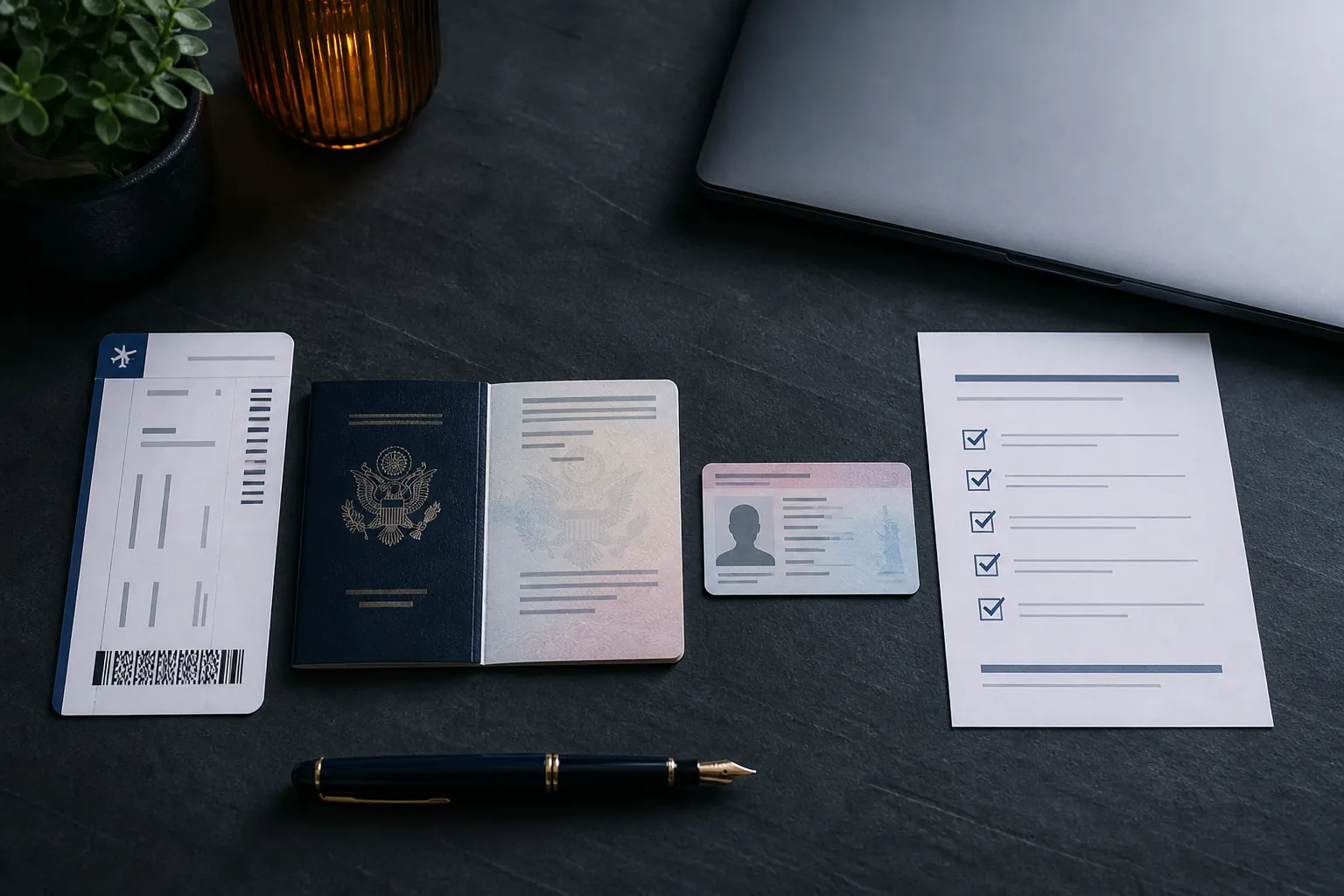 Boarding pass, passport, work authorization card, and travel-risk checklist on a desk