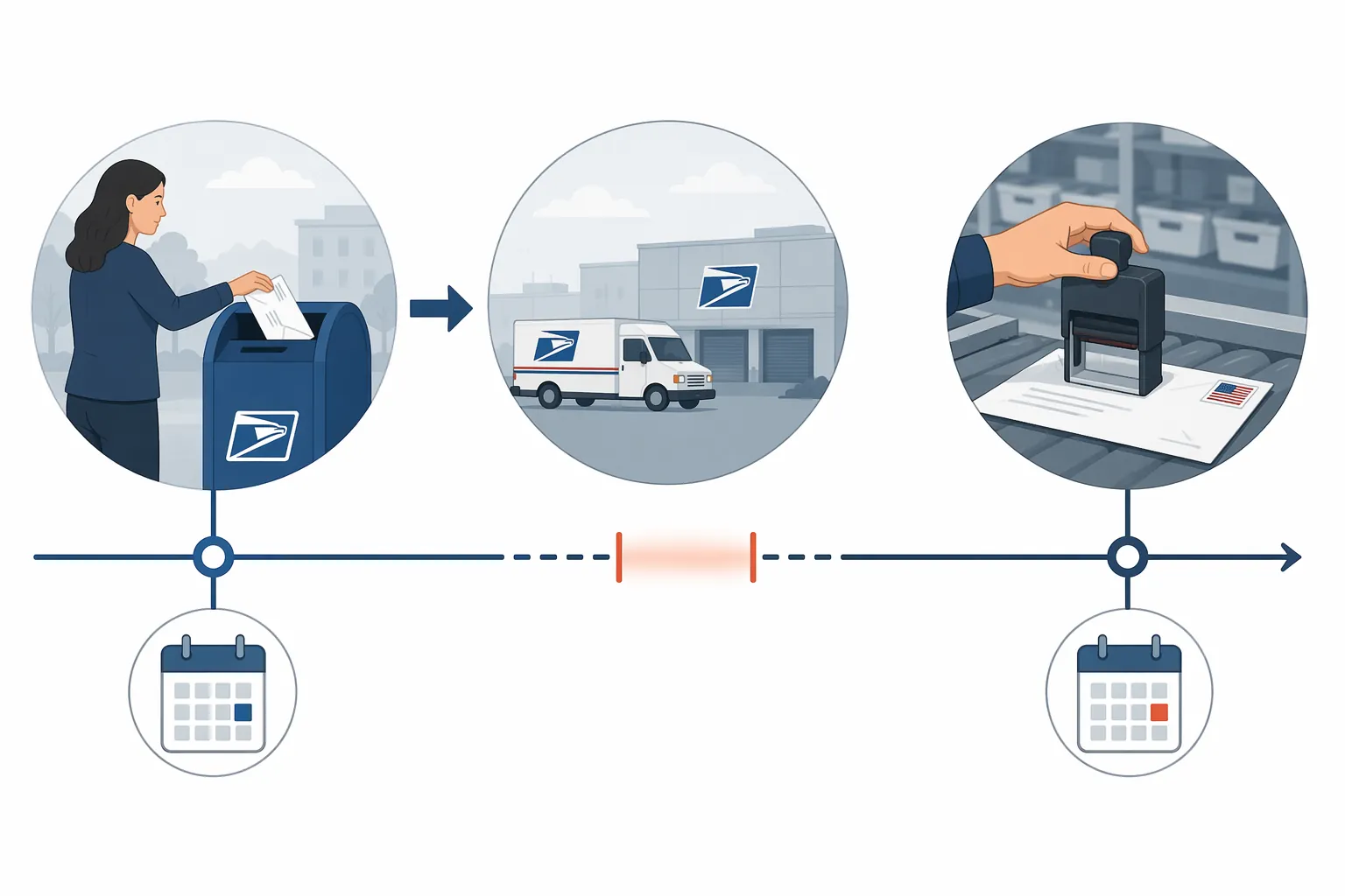 Timeline showing a ballot dropped off before a later USPS processing-center postmark