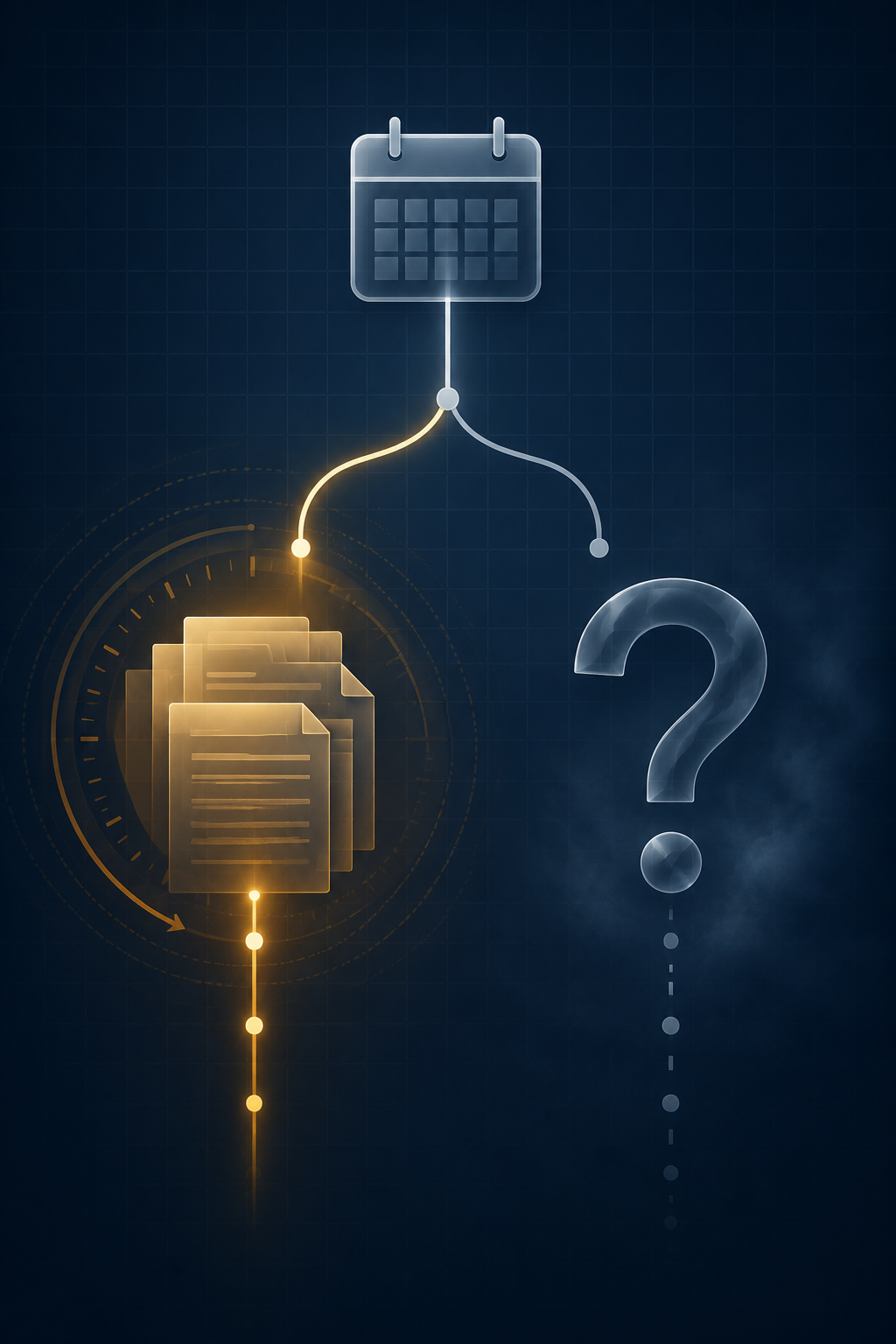 Editorial timeline showing a countdown path splitting between documents and an unresolved question mark