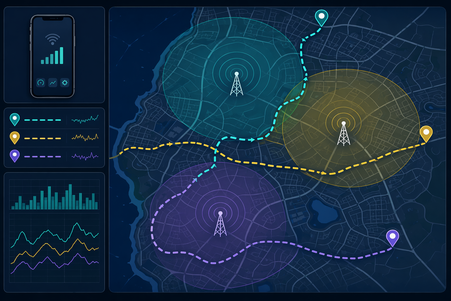 Map-style diagram of a test route moving through different cell tower coverage areas