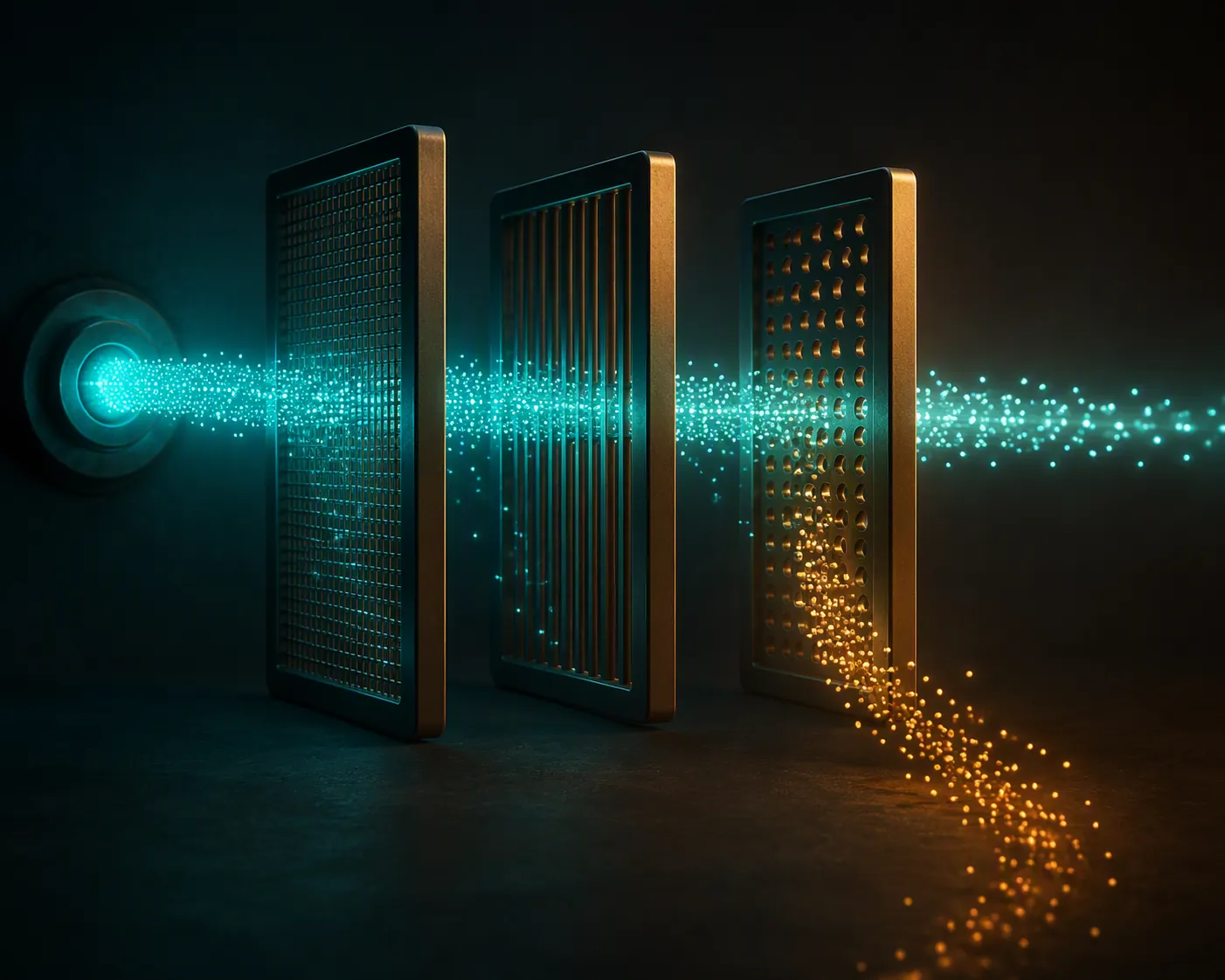 A stream of particles passing through successive gates representing eligibility and ratio checks