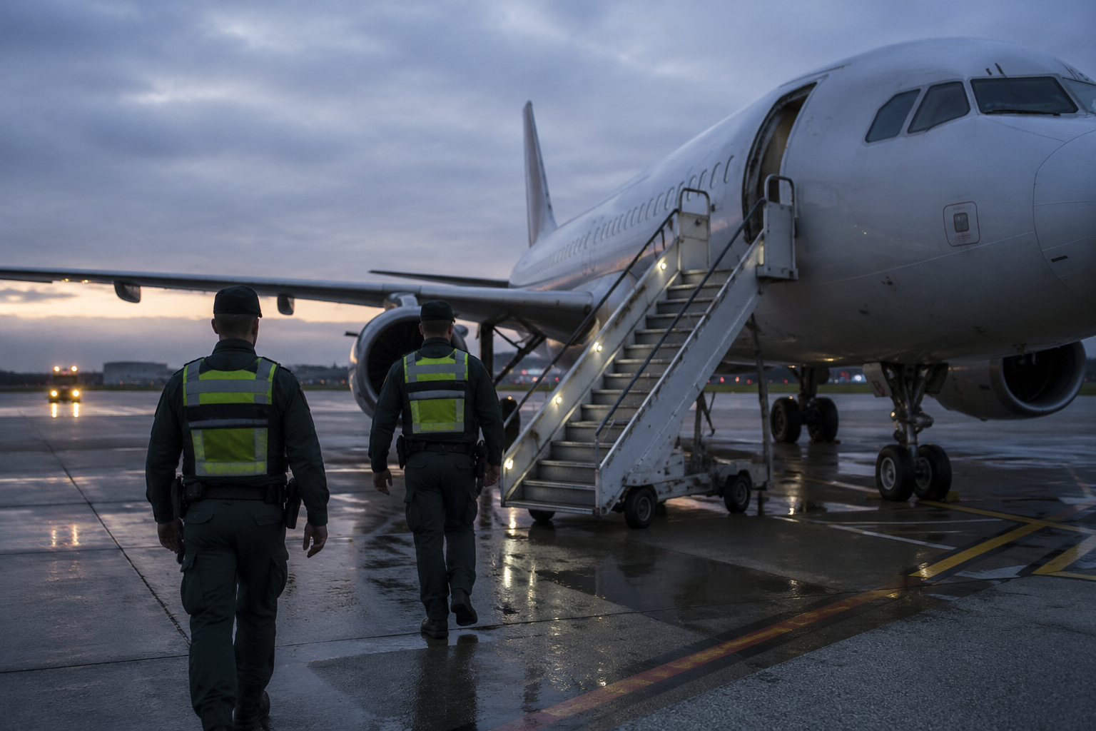 German Federal Police officers walking toward a commercial aircraft at dusk
