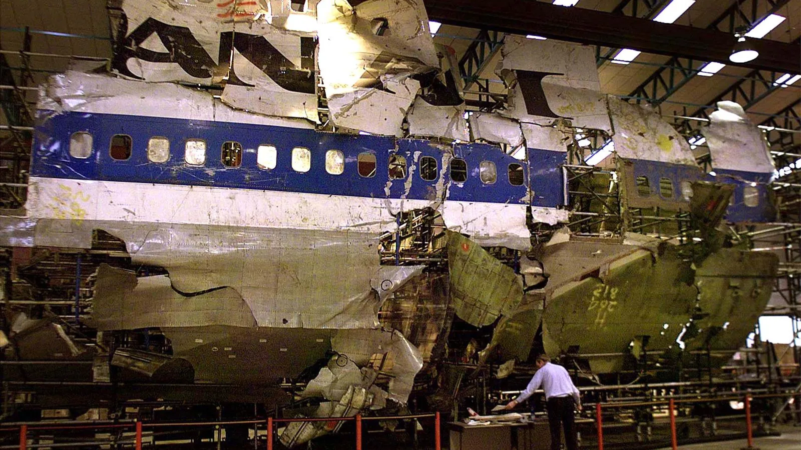 A recovered section of the Pan Am 103 fuselage being moved for transfer to the United States