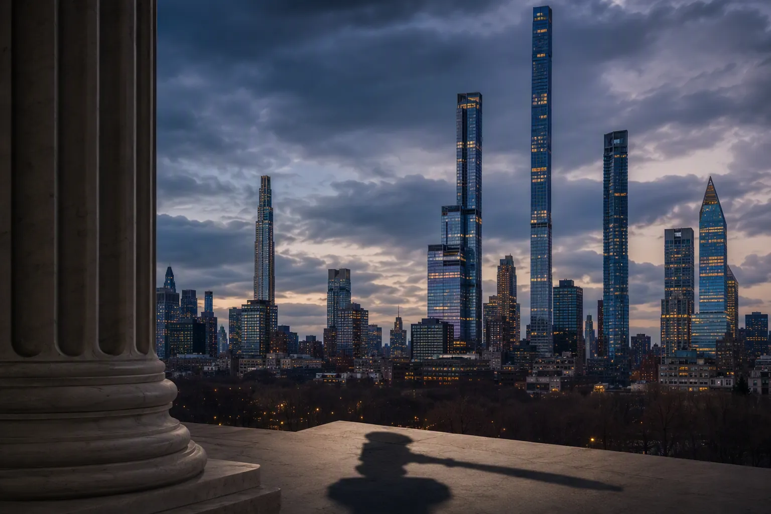 Twilight New York City luxury residential towers with legal motifs suggesting constitutional tax litigation