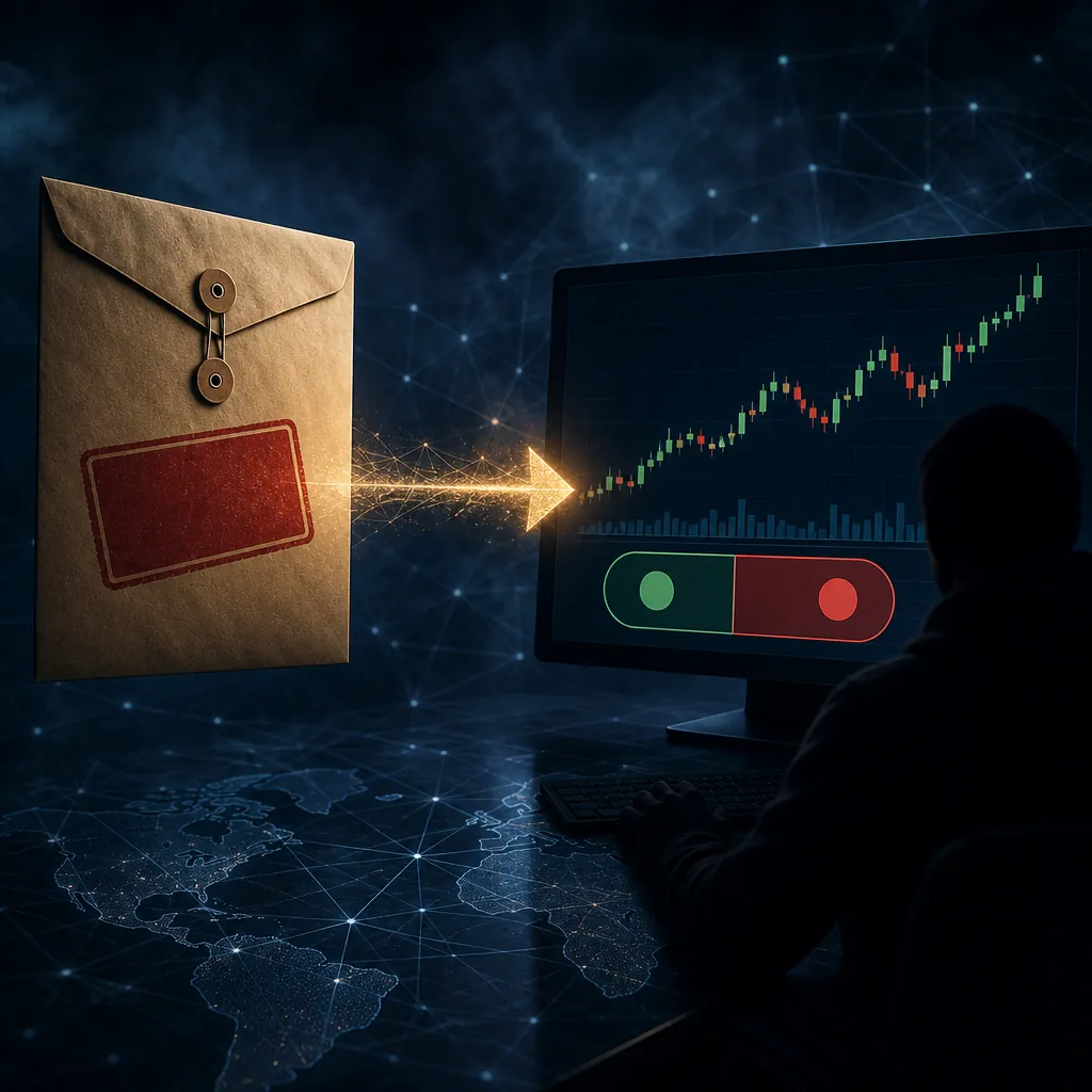Classified envelope connected to a trading terminal with a rising chart