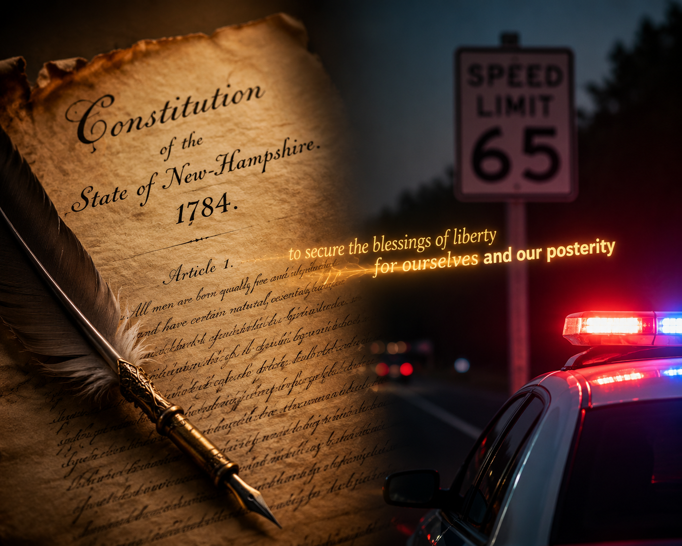 Antique New Hampshire constitutional text contrasted with a modern highway traffic stop