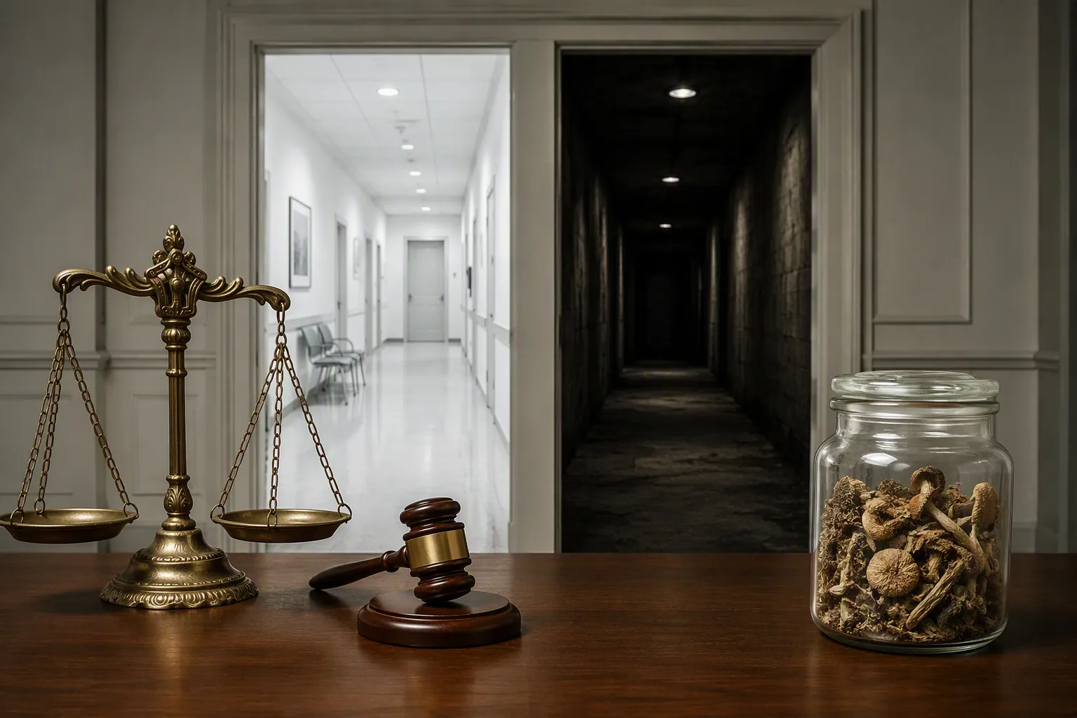 Desk with scale of justice, gavel, and sealed jar of dried mushroom material near contrasting corridors