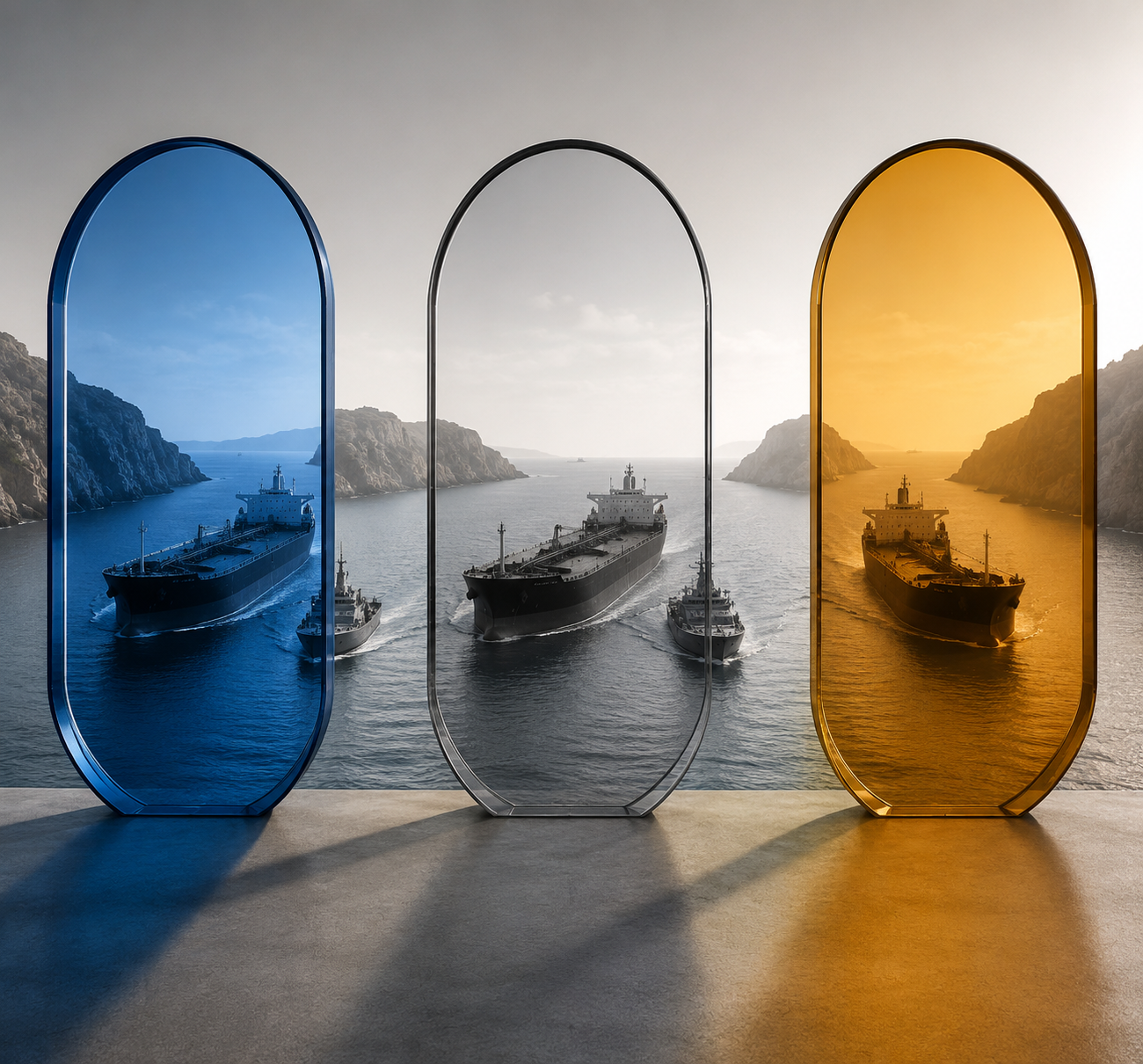 Three colored lenses showing the same tanker escort scene under different legal classifications