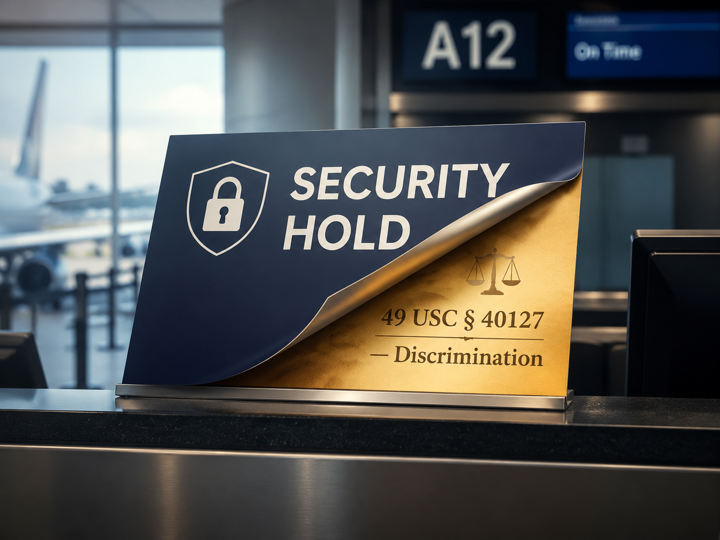 Airport security hold sign peeled back to reveal legal text referring to 49 USC section 40127 discrimination