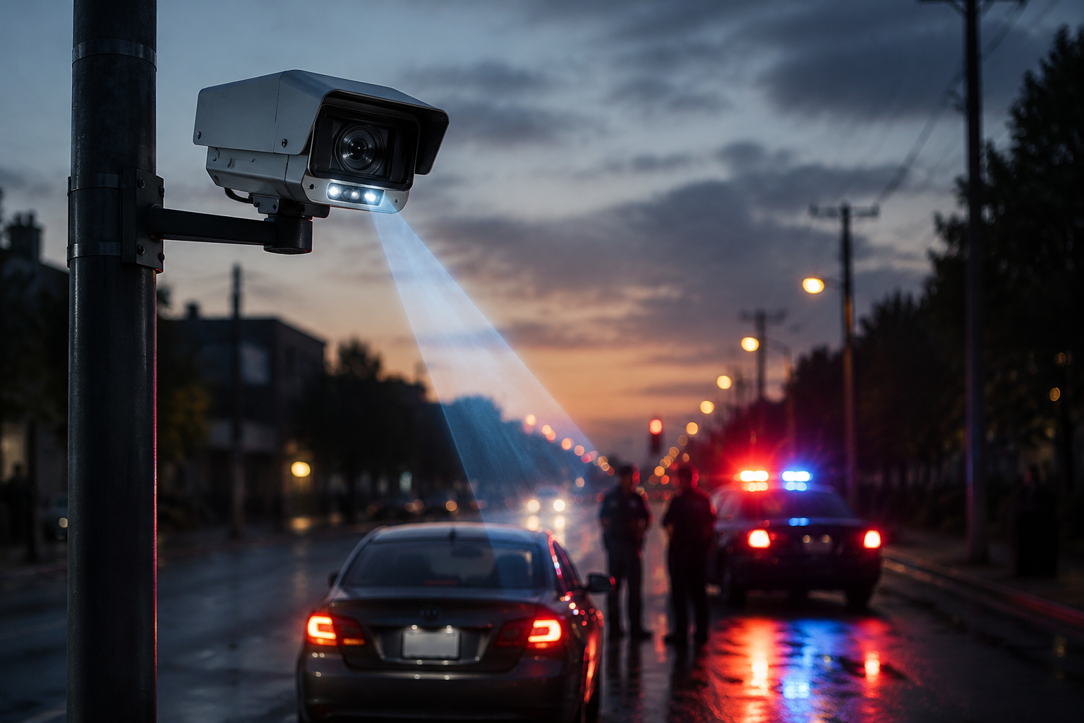 Pole-mounted ALPR camera overlooking a stopped vehicle with police lights reflected on wet pavement
