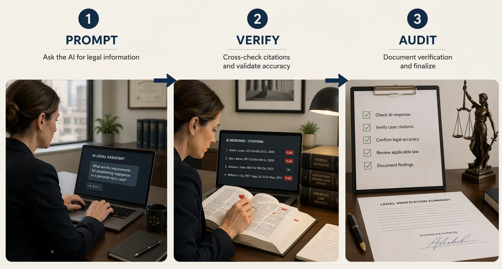 Three-step legal AI workflow showing Prompt, Verify, and Audit stages connected by arrows