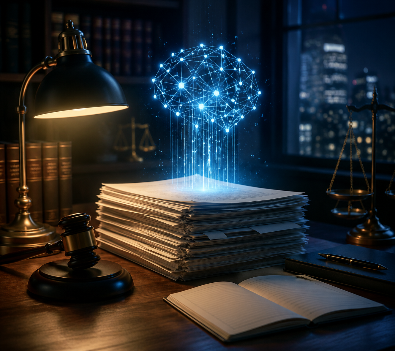 Lawyer's desk at night with court documents, a gavel, and a glowing AI element above the papers