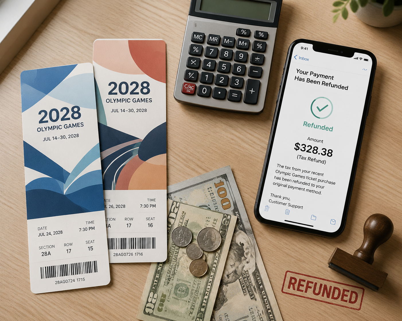Olympic tickets, refund email notification, calculator, cash, and refunded stamp on a desk