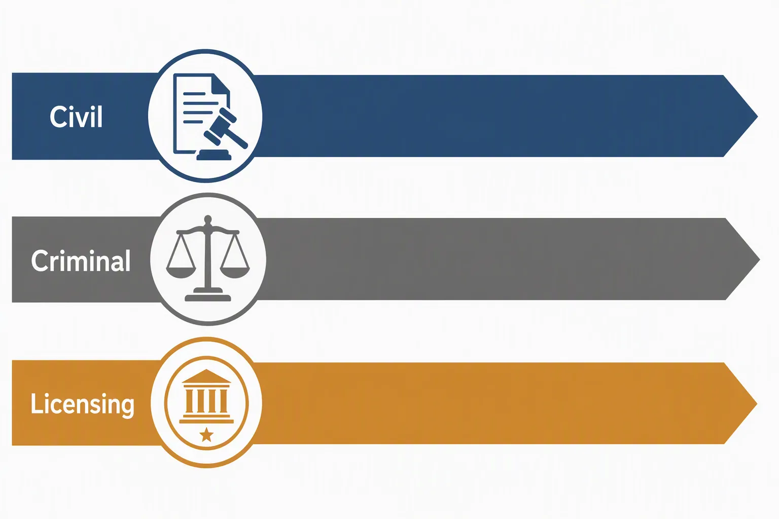 Diagram showing civil, criminal, and licensing proceedings as separate parallel tracks