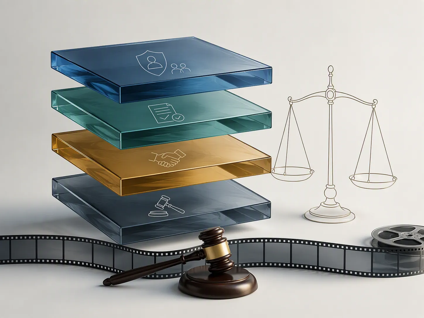 Layered glass slabs above a film strip and gavel representing stacked legal obligations for a movie production