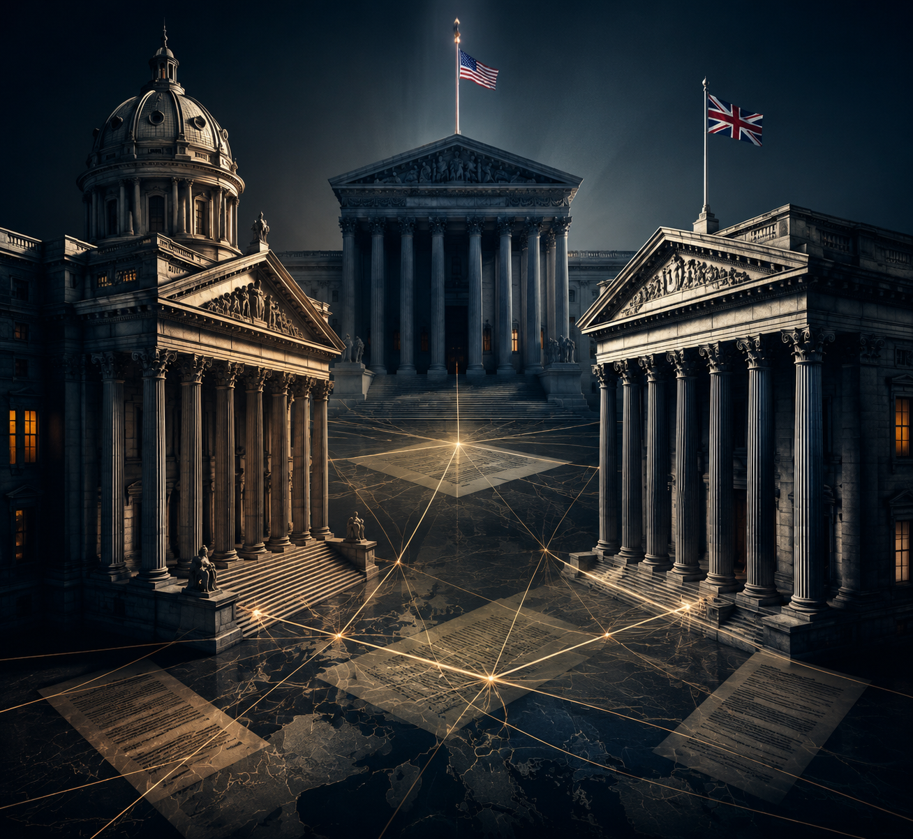Three courthouse facades representing Romania, the UK, and the United States connected by jurisdictional threads