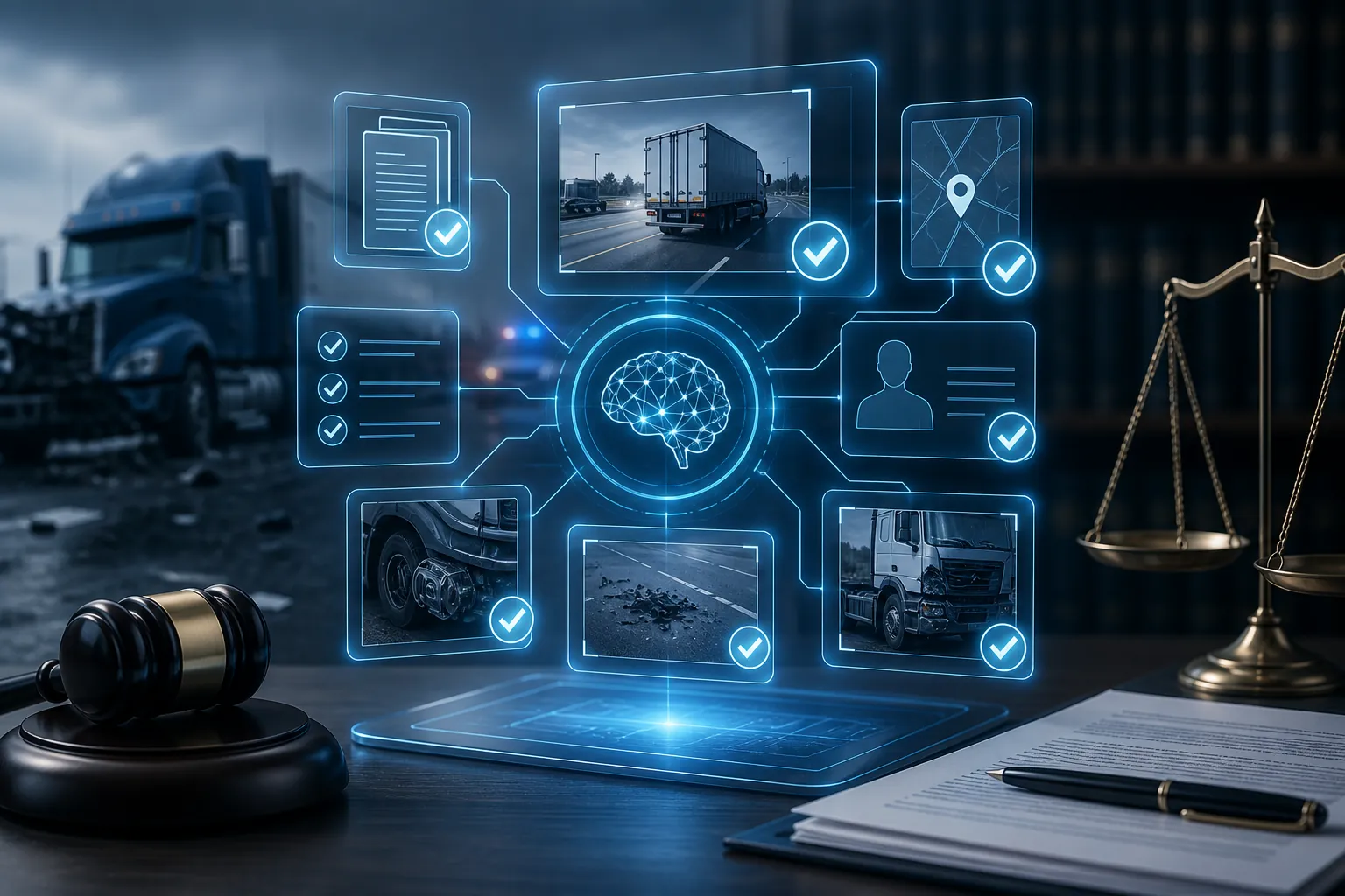 Digital verification interface with citation markers above a highway truck scene and legal documents