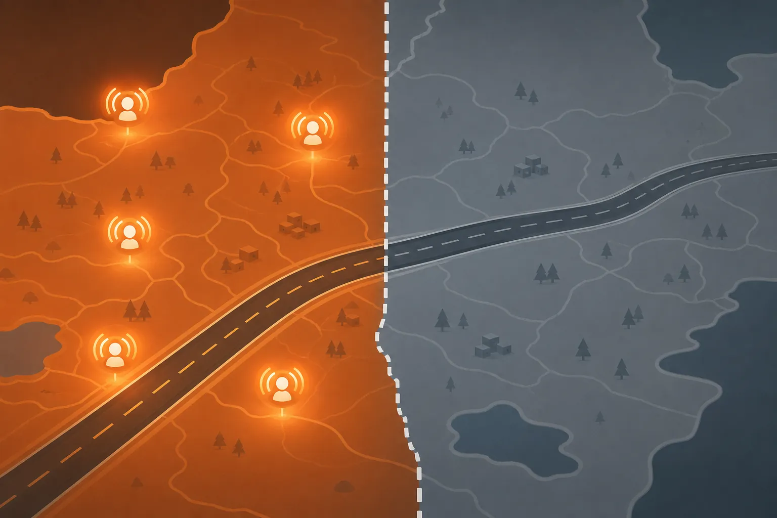 Road crossing a state border where alert coverage changes at the boundary