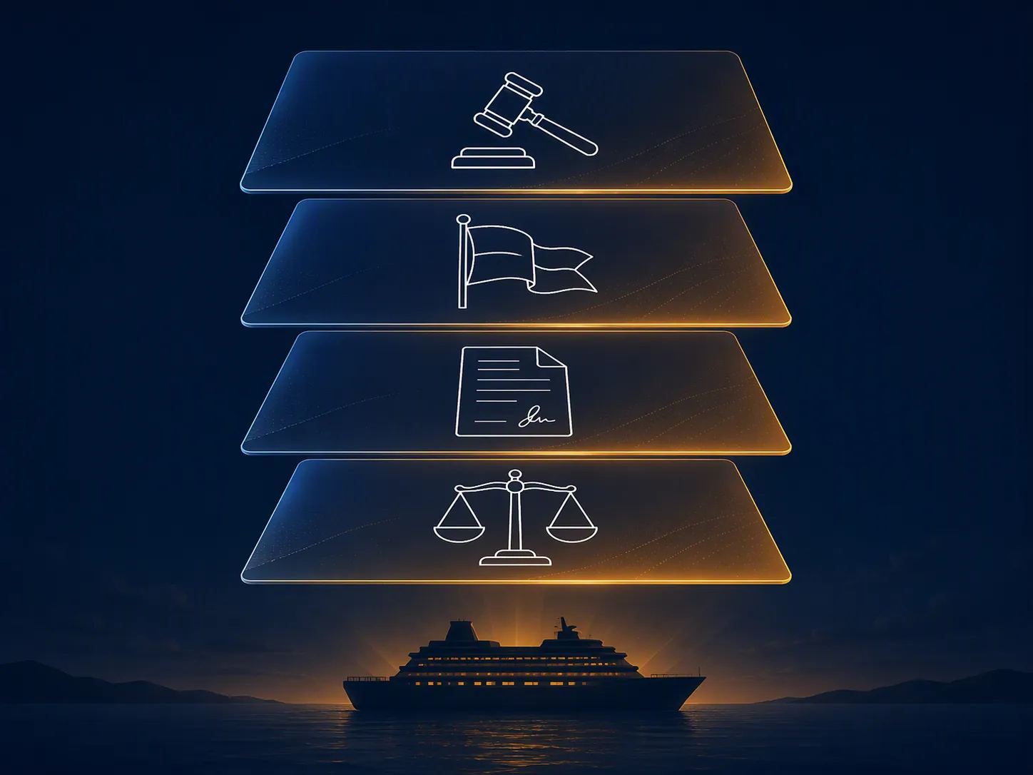 Layered legal consequences above a cruise ship, with icons for court, flag state, contract, and civil claims