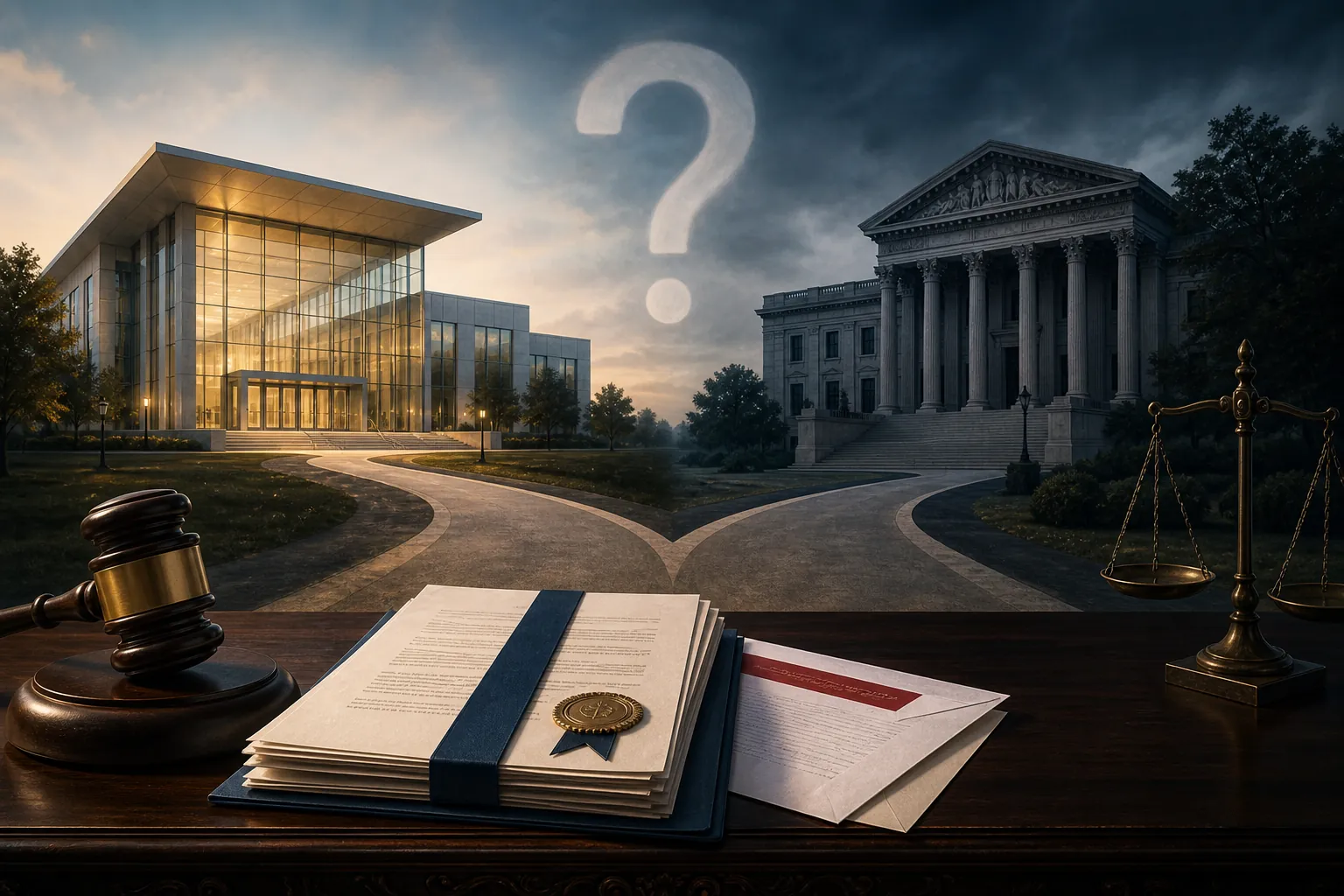 Judge's bench with grant documents, a termination letter, and diverging courthouse paths