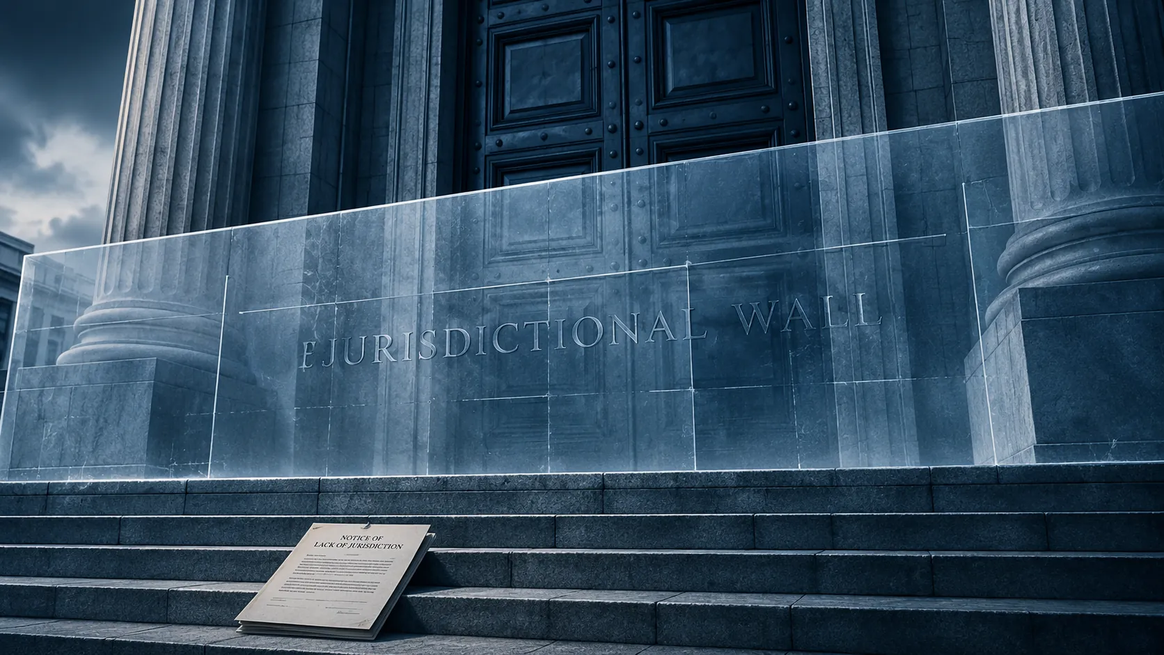 Courthouse entrance partially blocked by a translucent jurisdictional barrier