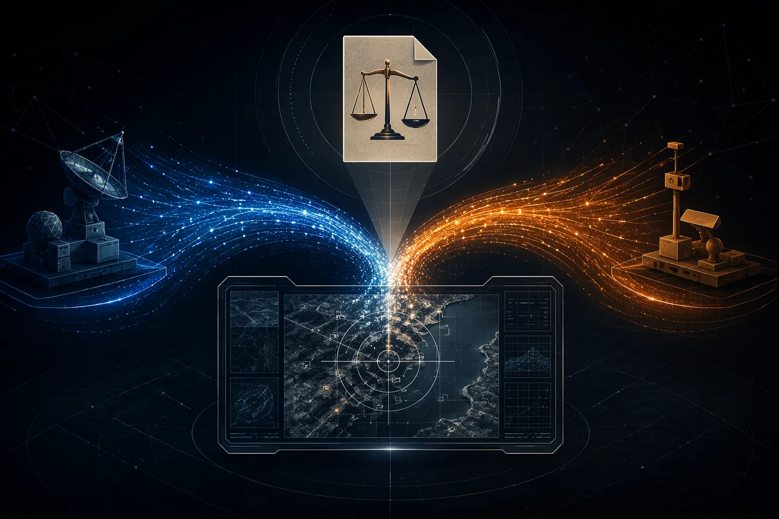 Blue and orange data streams converging into a targeting display beneath a legal scales icon