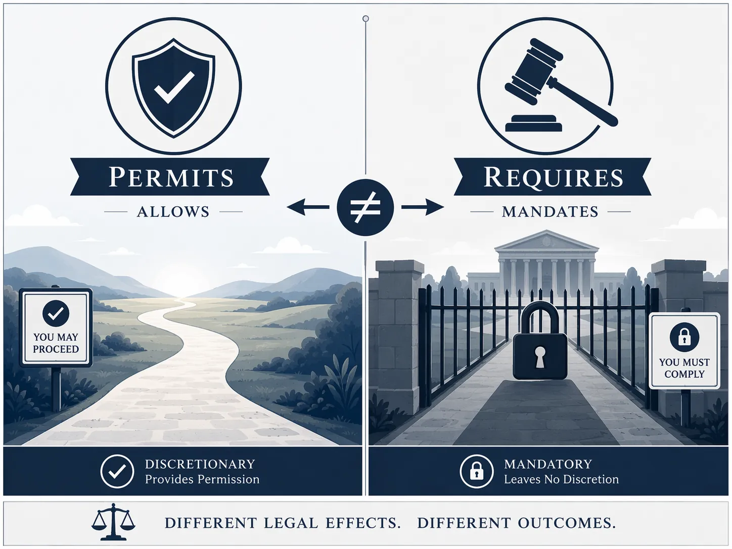 Infographic contrasting permits and requires in legal analysis