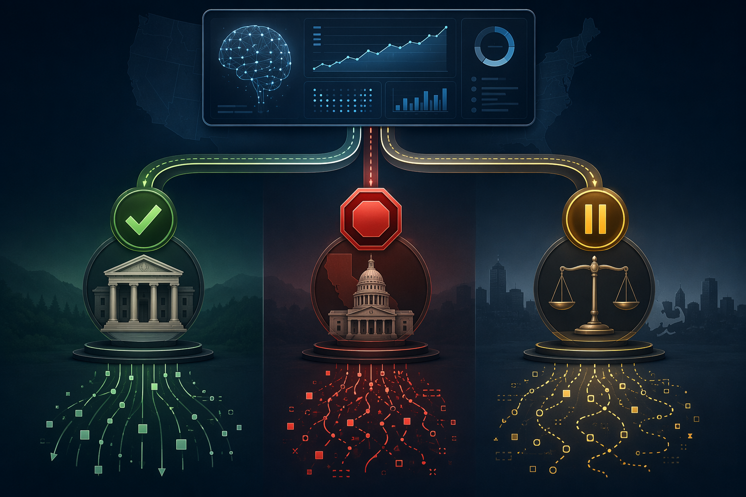 Three diverging legal pathways from one AI prediction dashboard showing approval, blockage, and pause