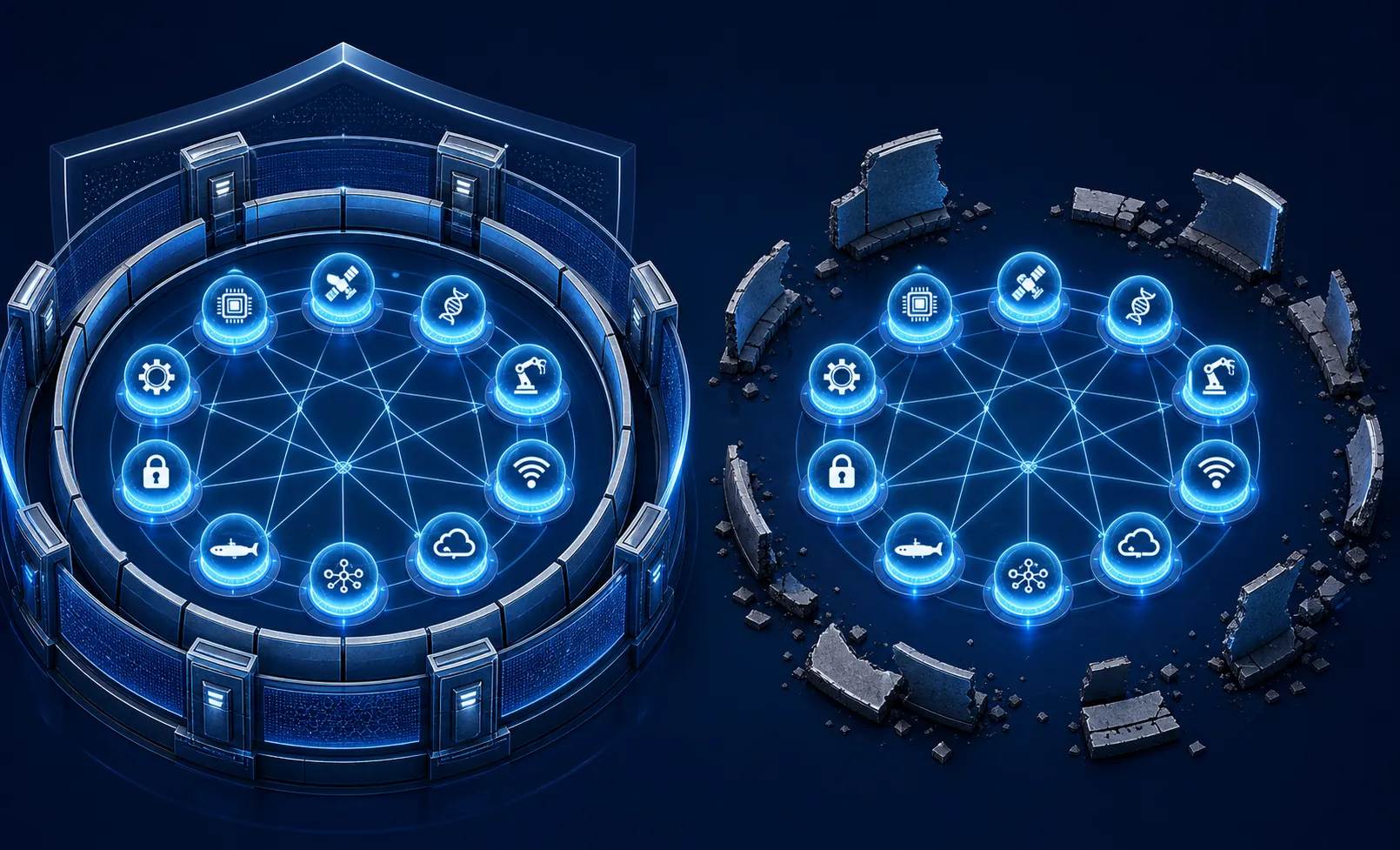 Ten interconnected technology nodes contrasted with complete and fragmented protective barriers