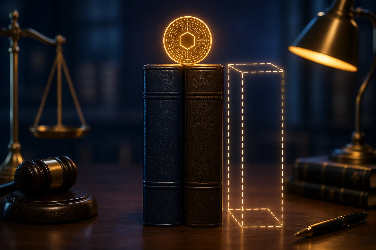 Two legal documents supporting a digital coin with a third unfinished document shown as a dashed outline