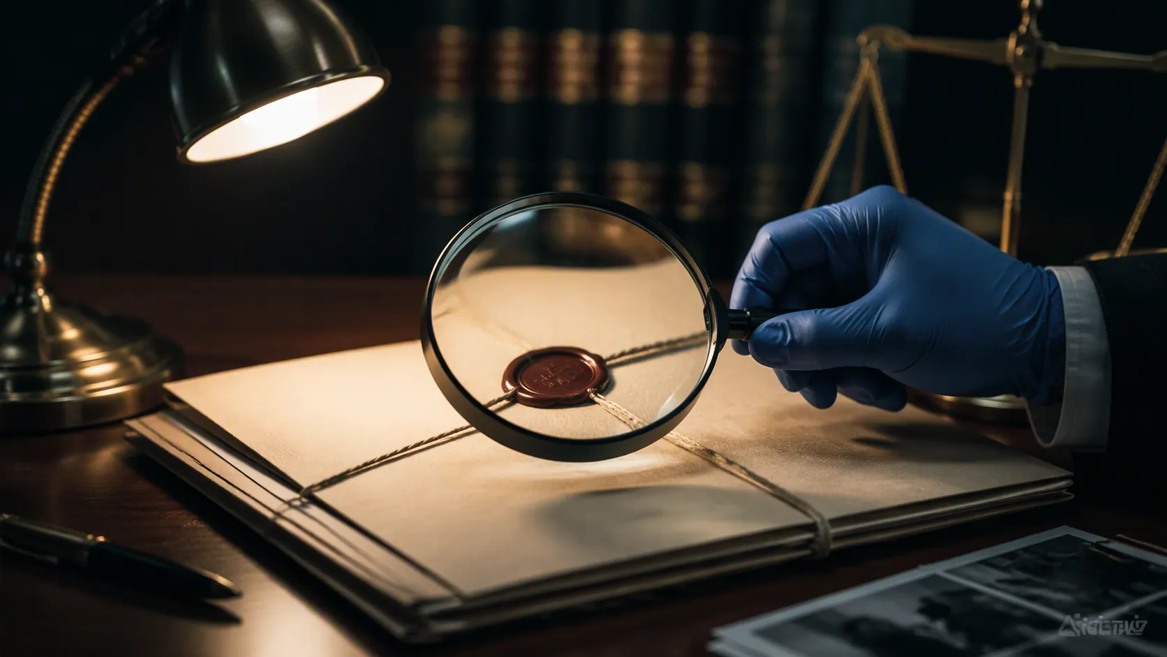 Confidentiality document examined under a desk lamp with a magnifying glass over a clause