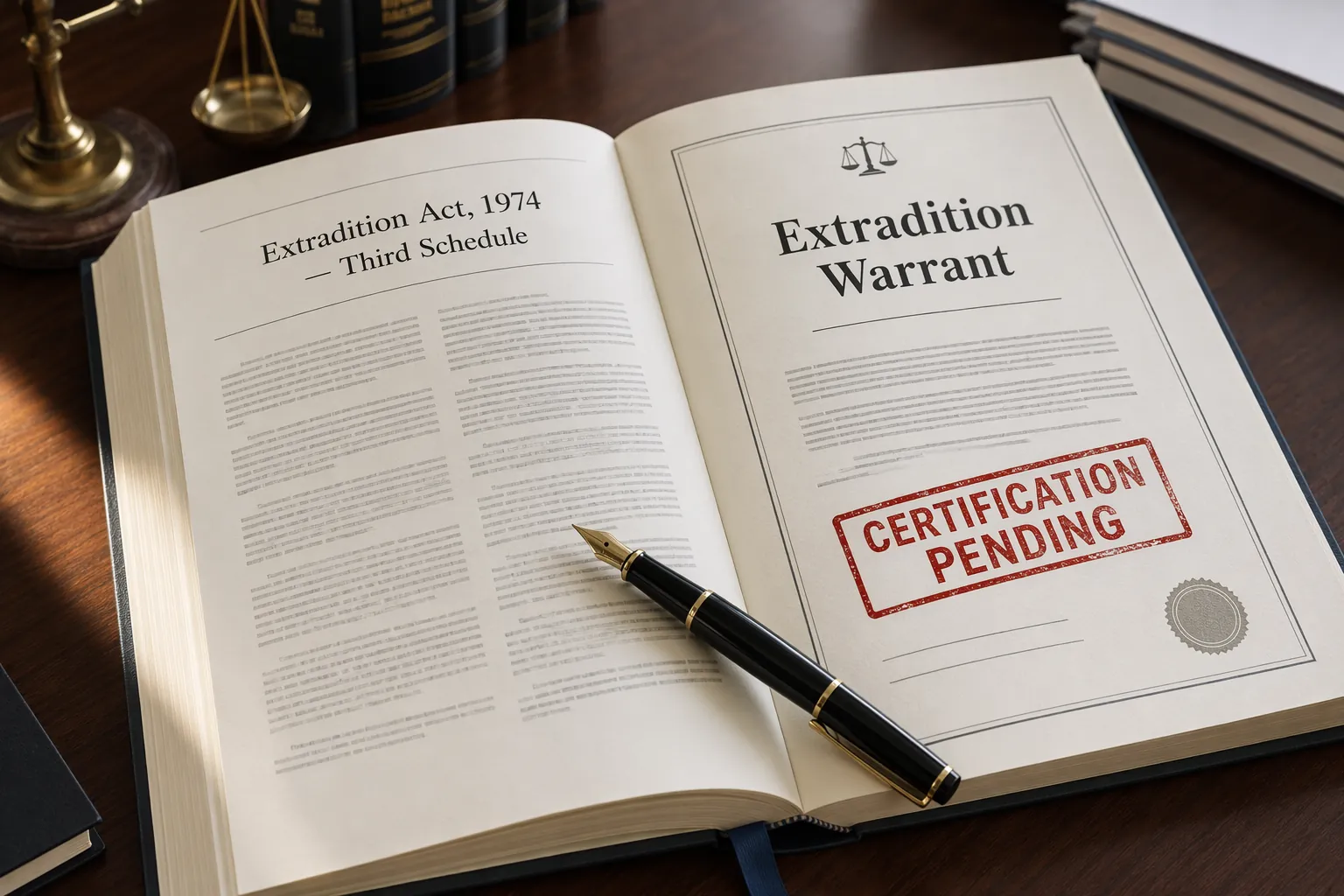 Open extradition statute book and certification-pending warrant on a wooden desk